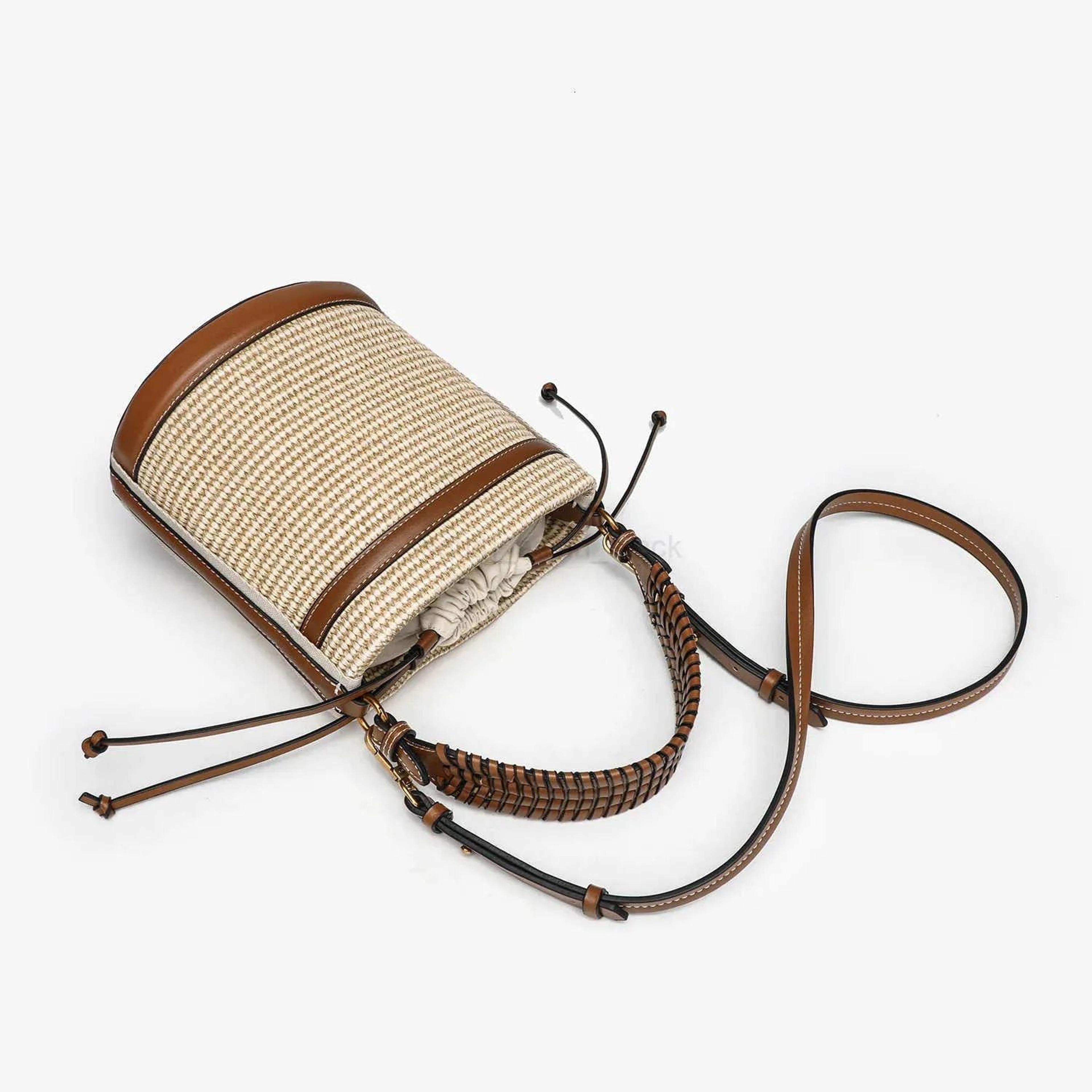 Womens Straw Style Bucket Bag With Woven Paneled Design And Crossbody Strap 5