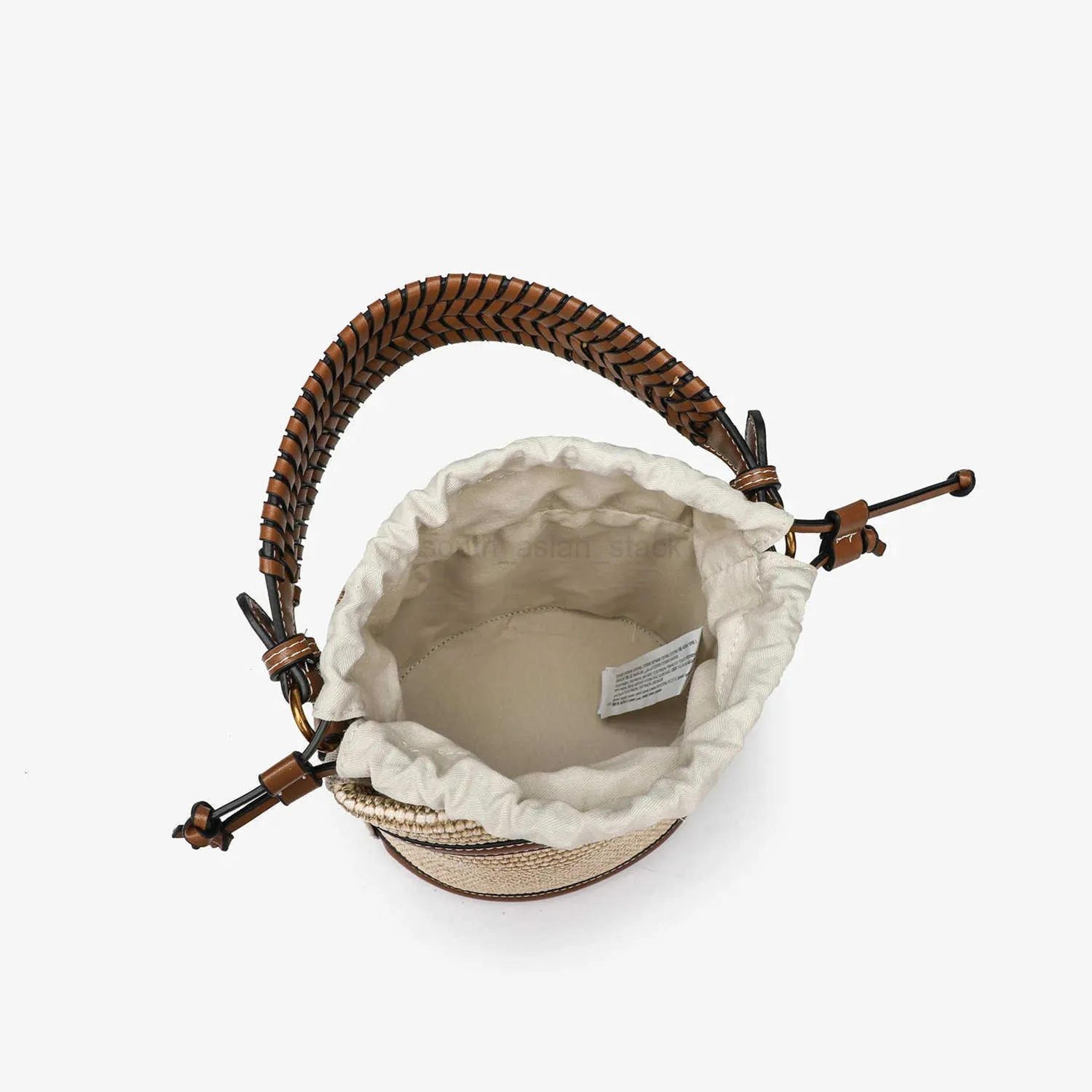 Womens Straw Style Bucket Bag With Woven Paneled Design And Crossbody Strap 4