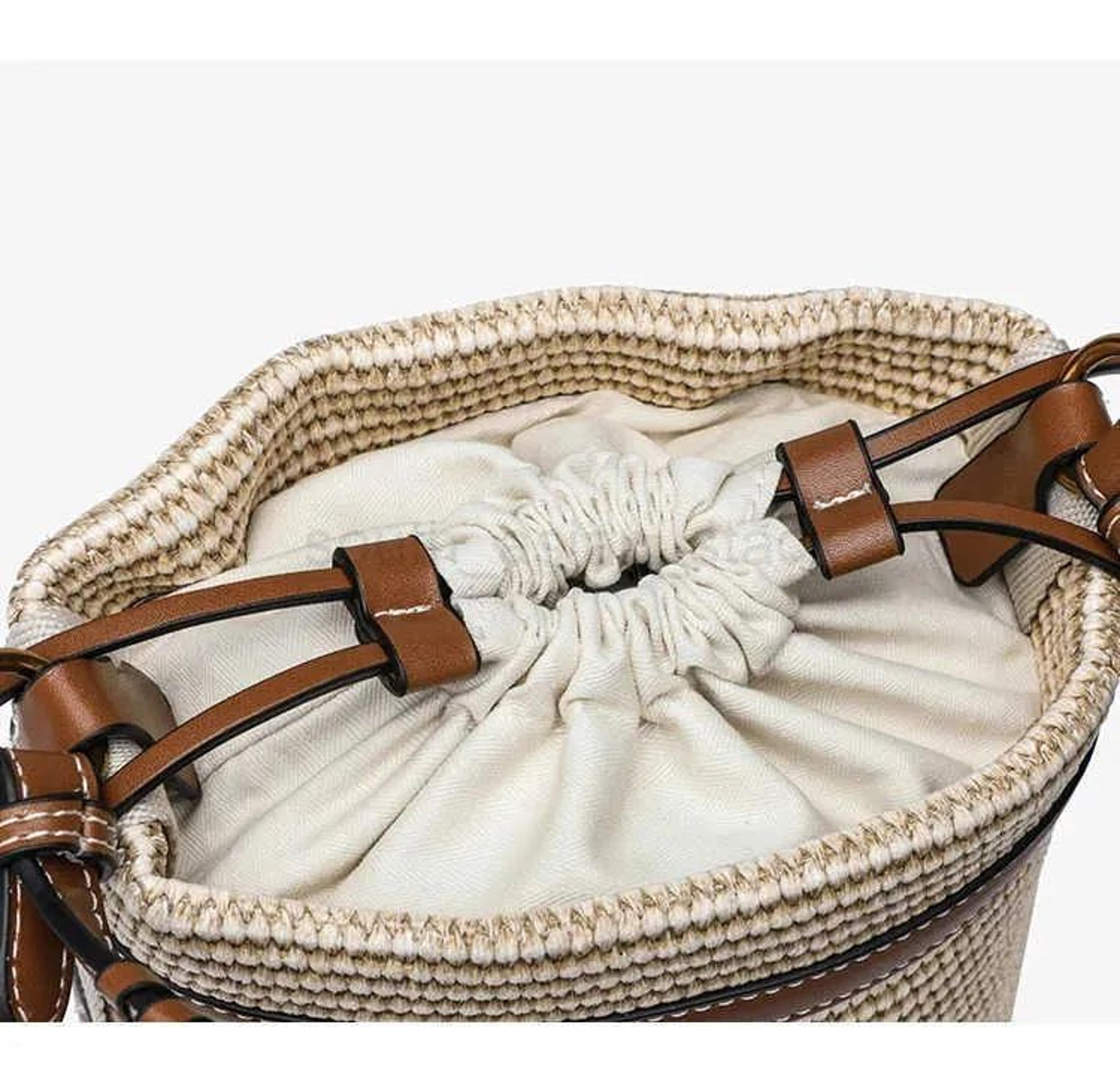 Womens Straw Style Bucket Bag With Woven Paneled Design And Crossbody Strap 3