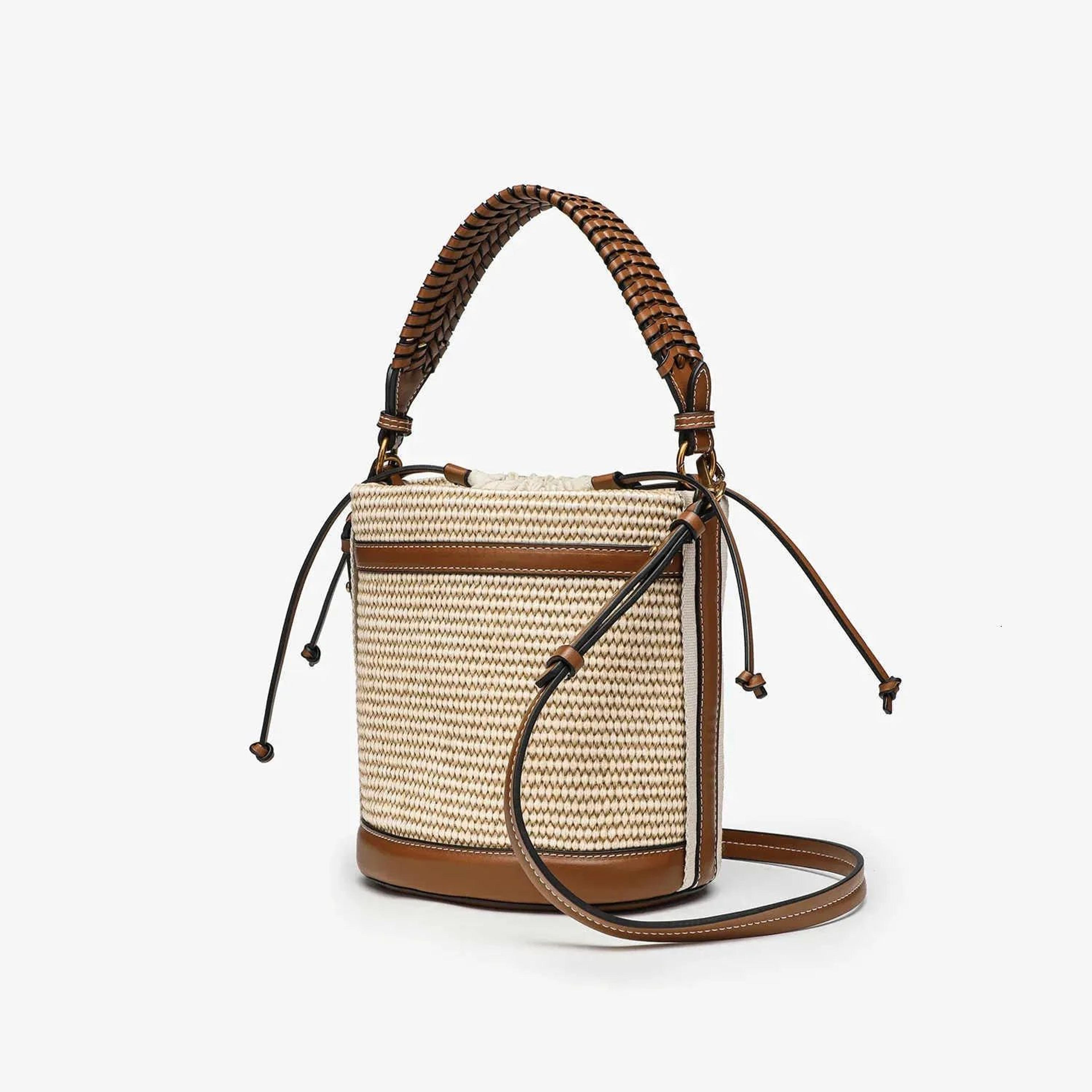 Womens Straw Style Bucket Bag With Woven Paneled Design And Crossbody Strap 1