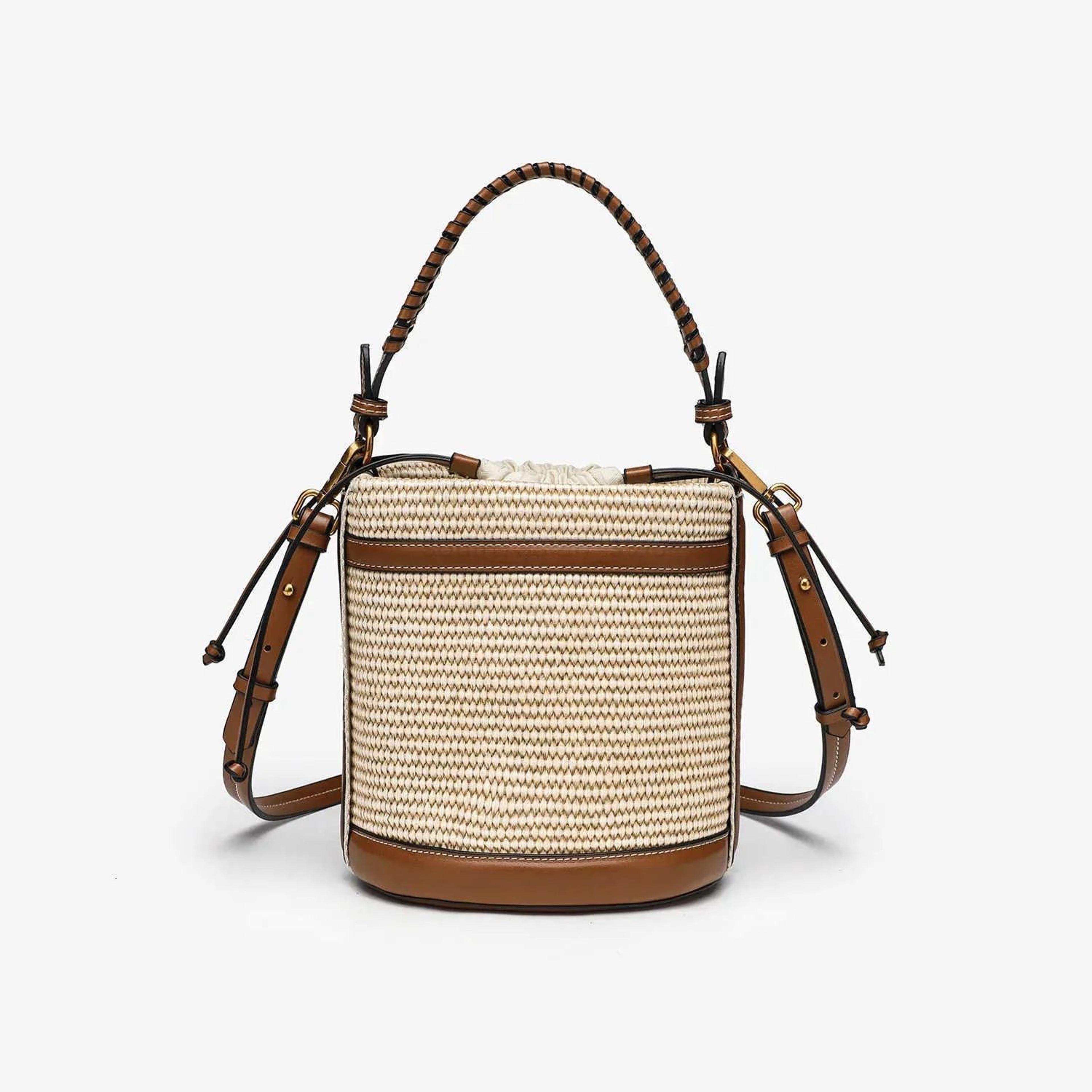 Womens Straw Style Bucket Bag With Woven Paneled Design And Crossbody Strap 2