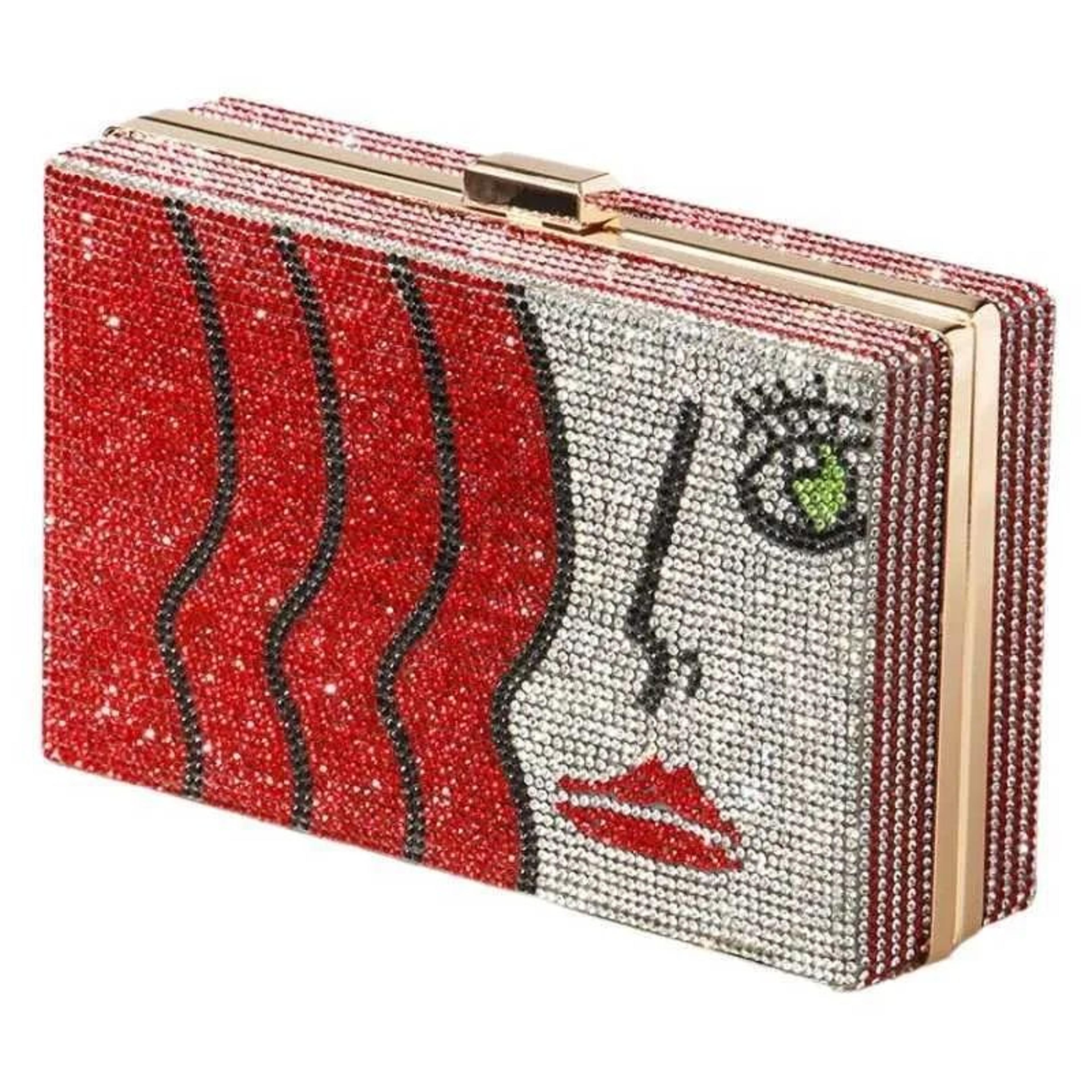 women's rhinestone evening clutch bag with metal box design and lock closure