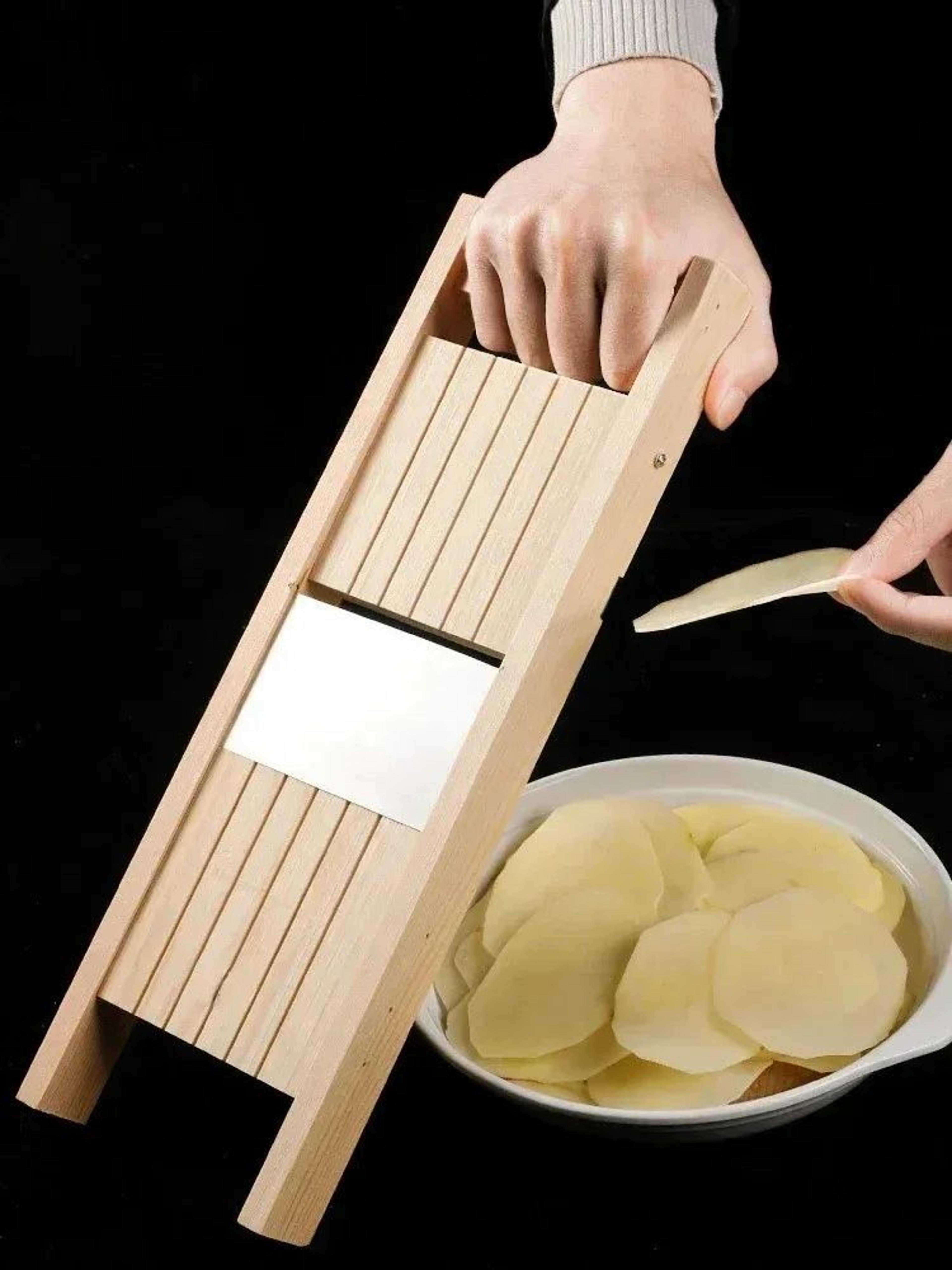adjustable wooden vegetable slicer with stainless steel blade