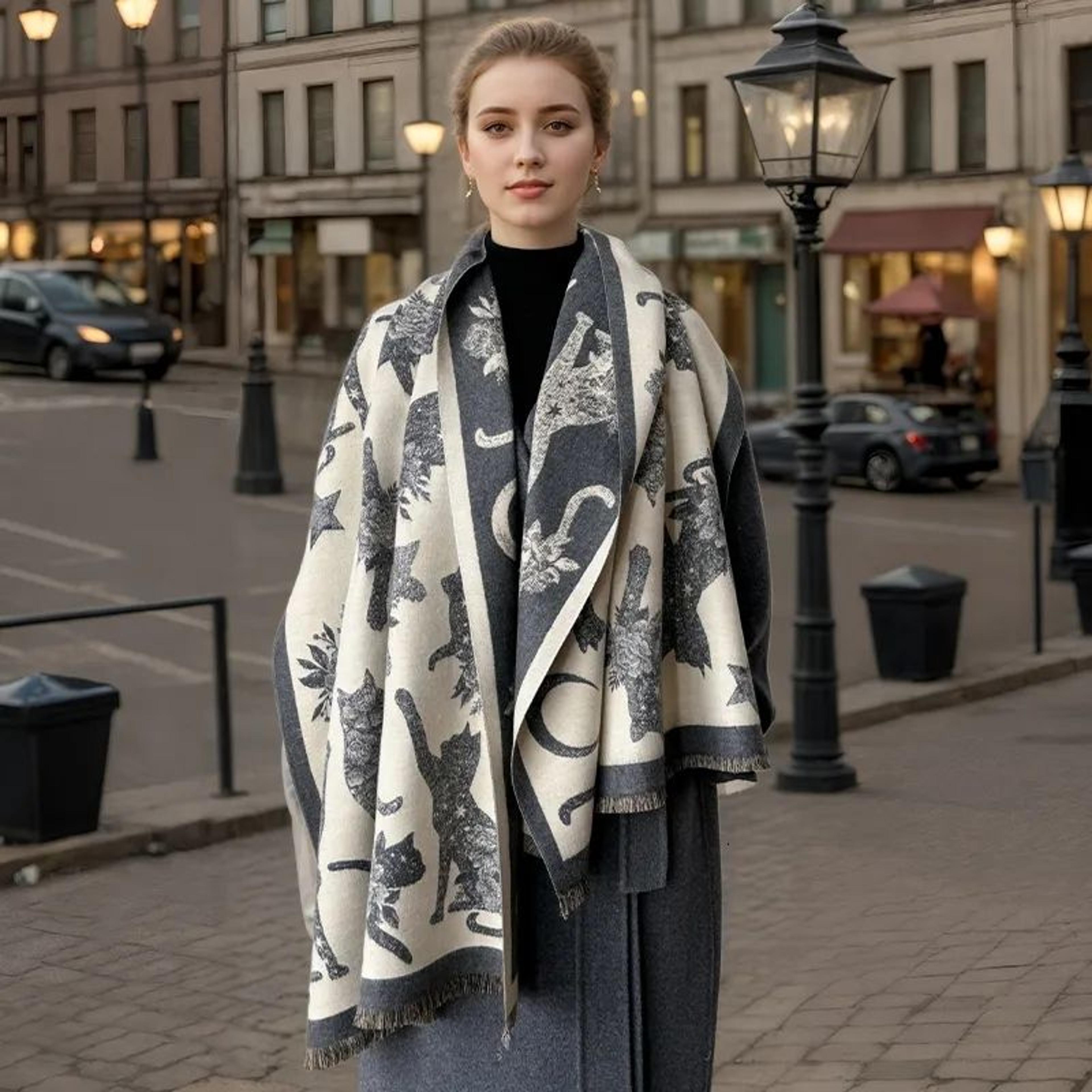 women's winter scarf with star and cat print warm pashmina shawl wrap