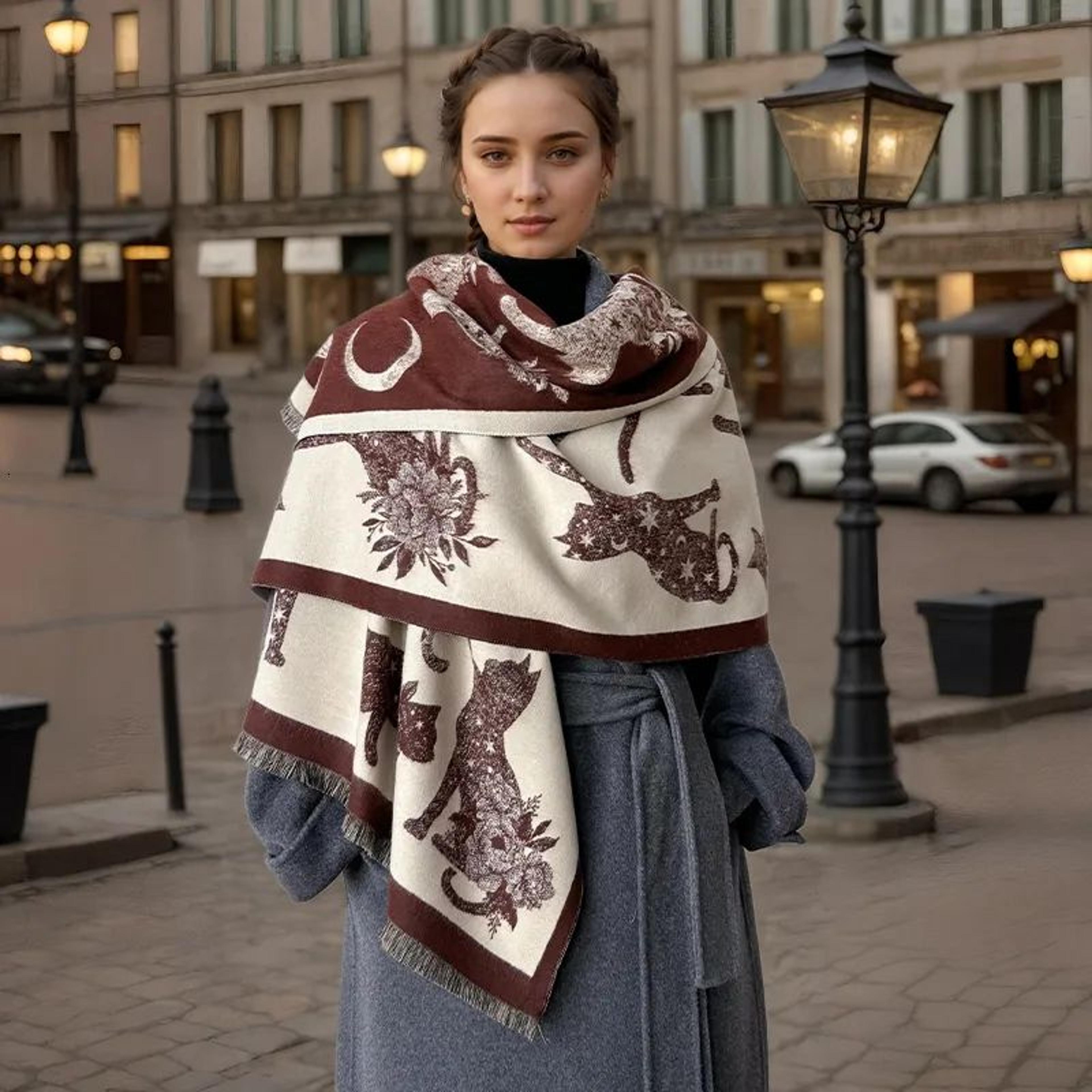 Womens Winter Scarf With Star And Cat Print Warm Pashmina Shawl Wrap 1