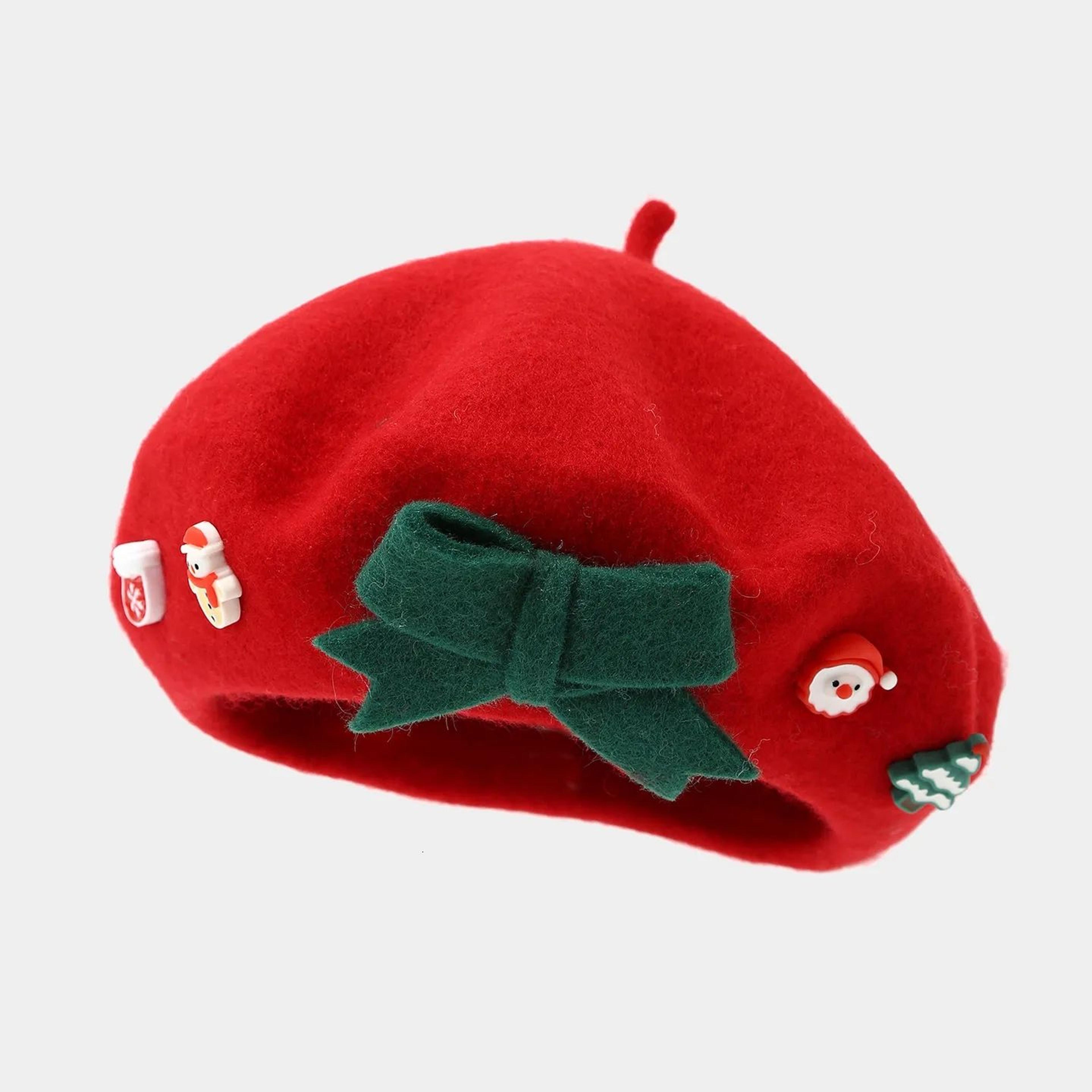 christmas bow beret hat for women with jacquard knit design for winter outfits