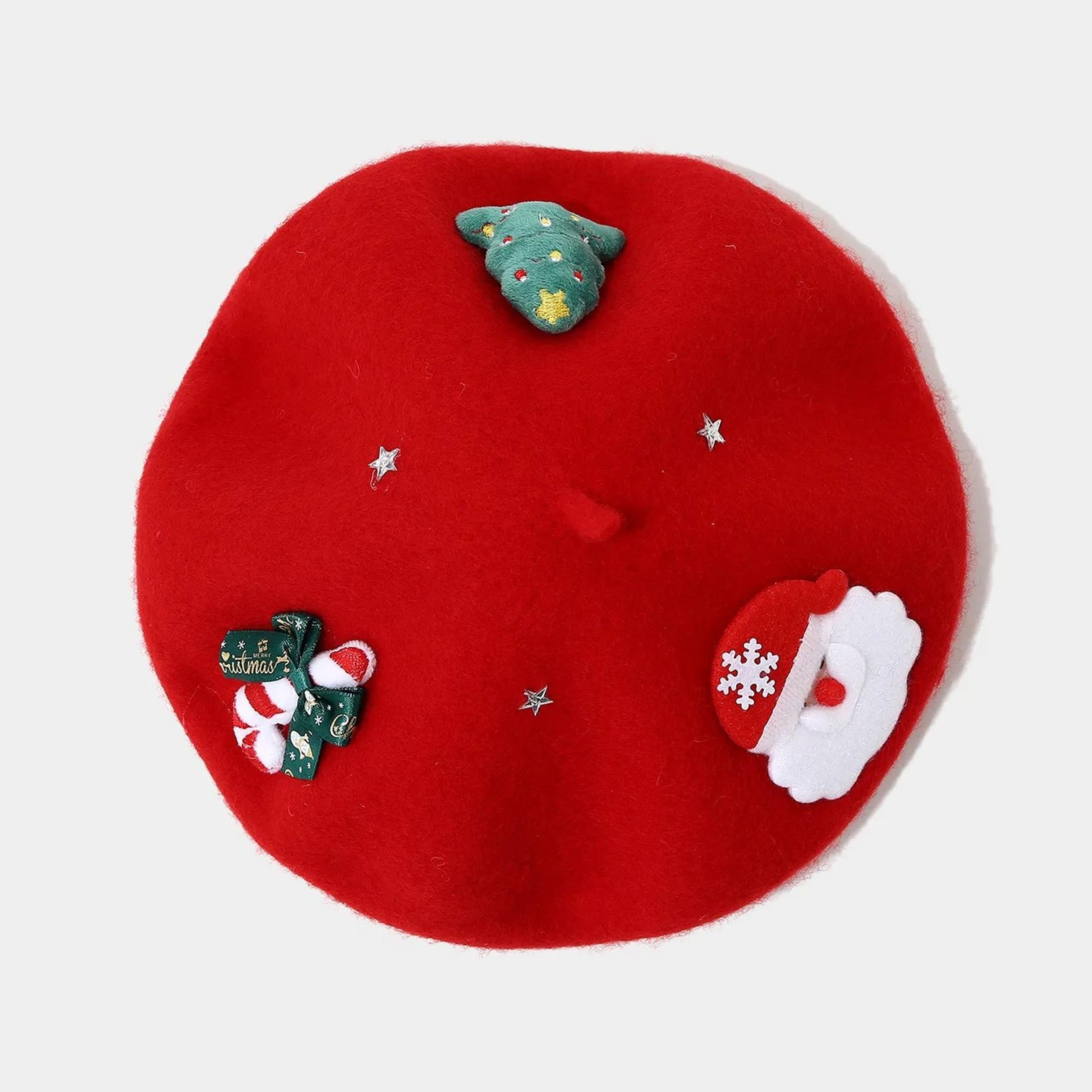 christmas bow beret hat for women with jacquard knit winter design