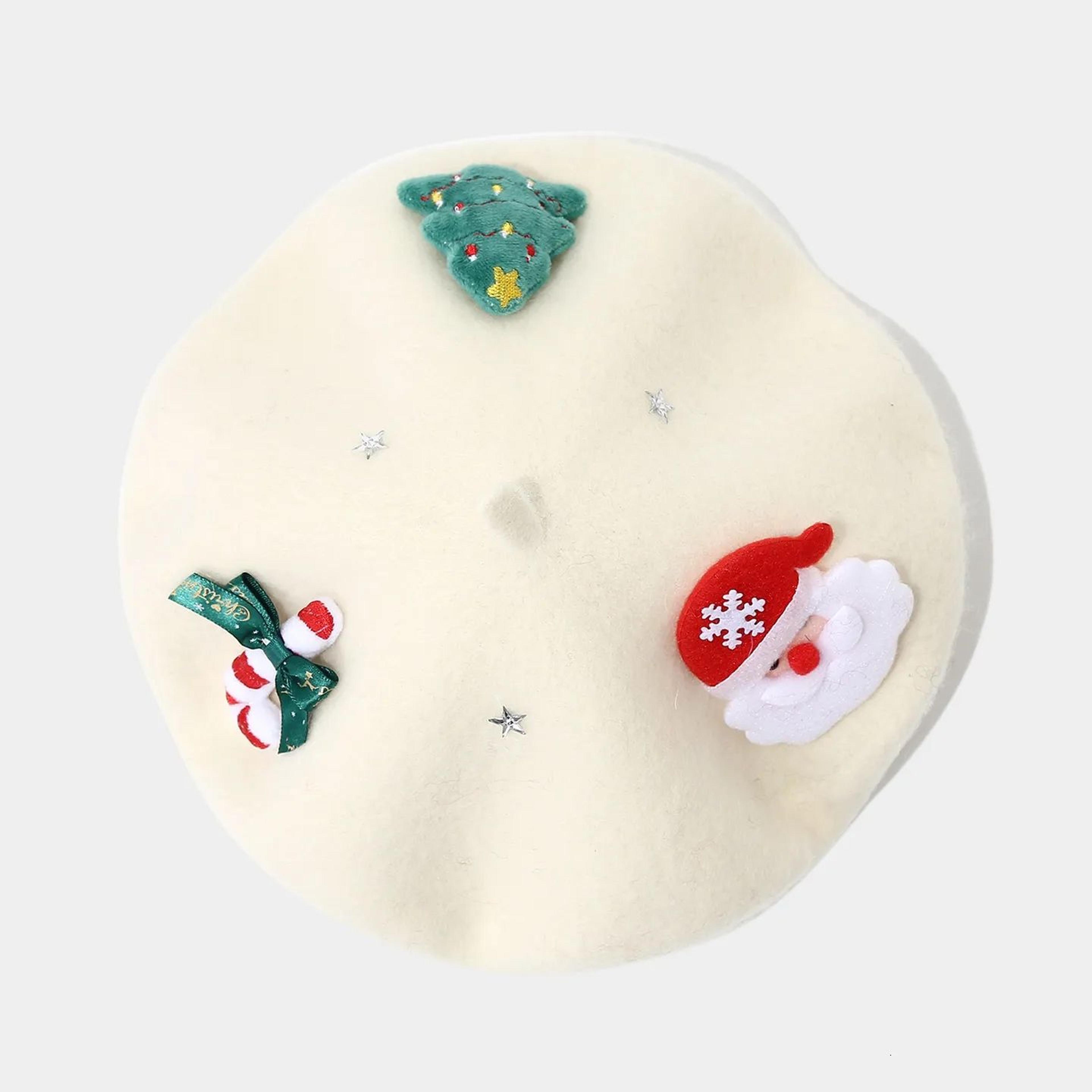 Christmas Bow Beret Hat For Women With Jacquard Knit Winter Design 3
