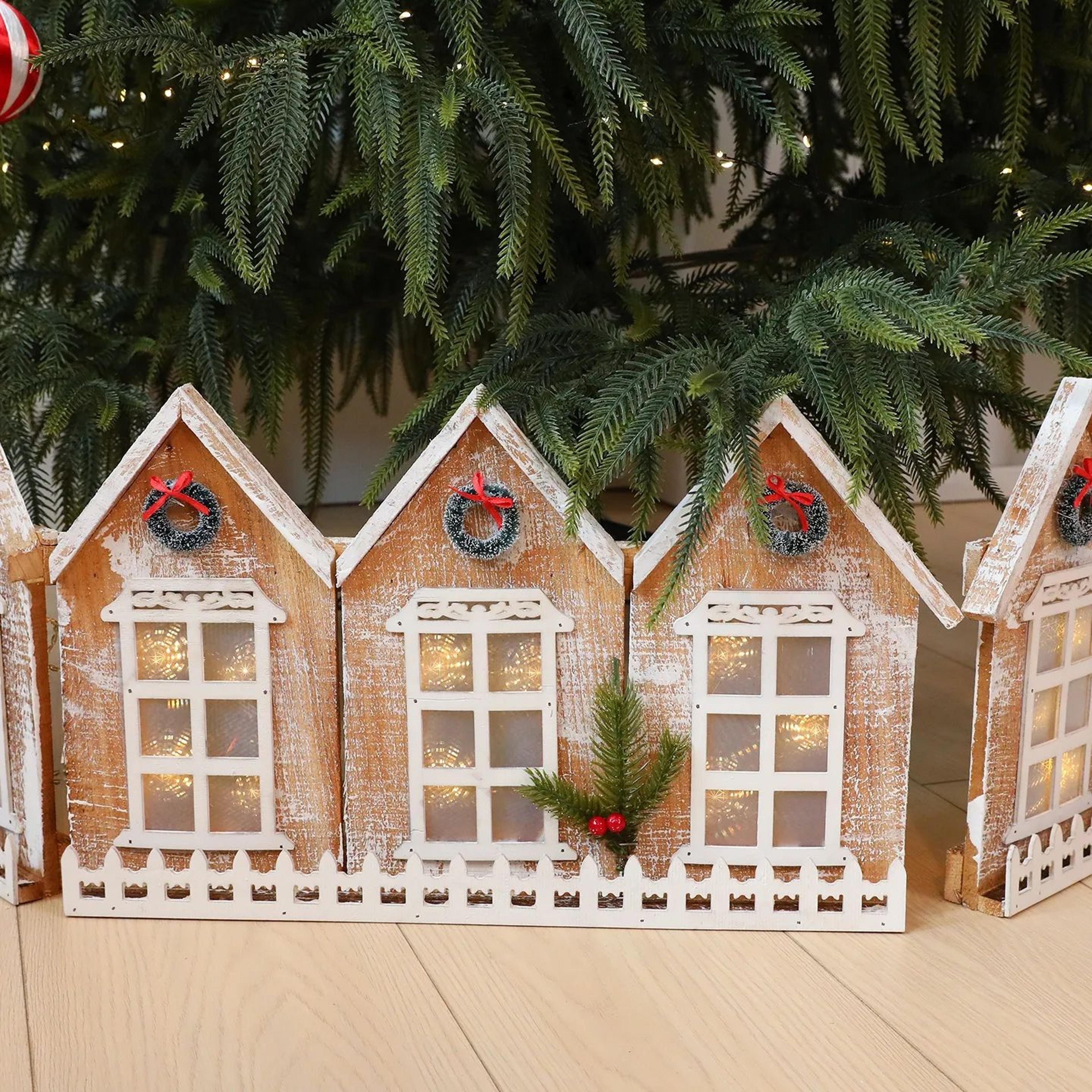 Lighted Wooden Christmas Fence Decoration With Foldable Snowy Village Scene 2