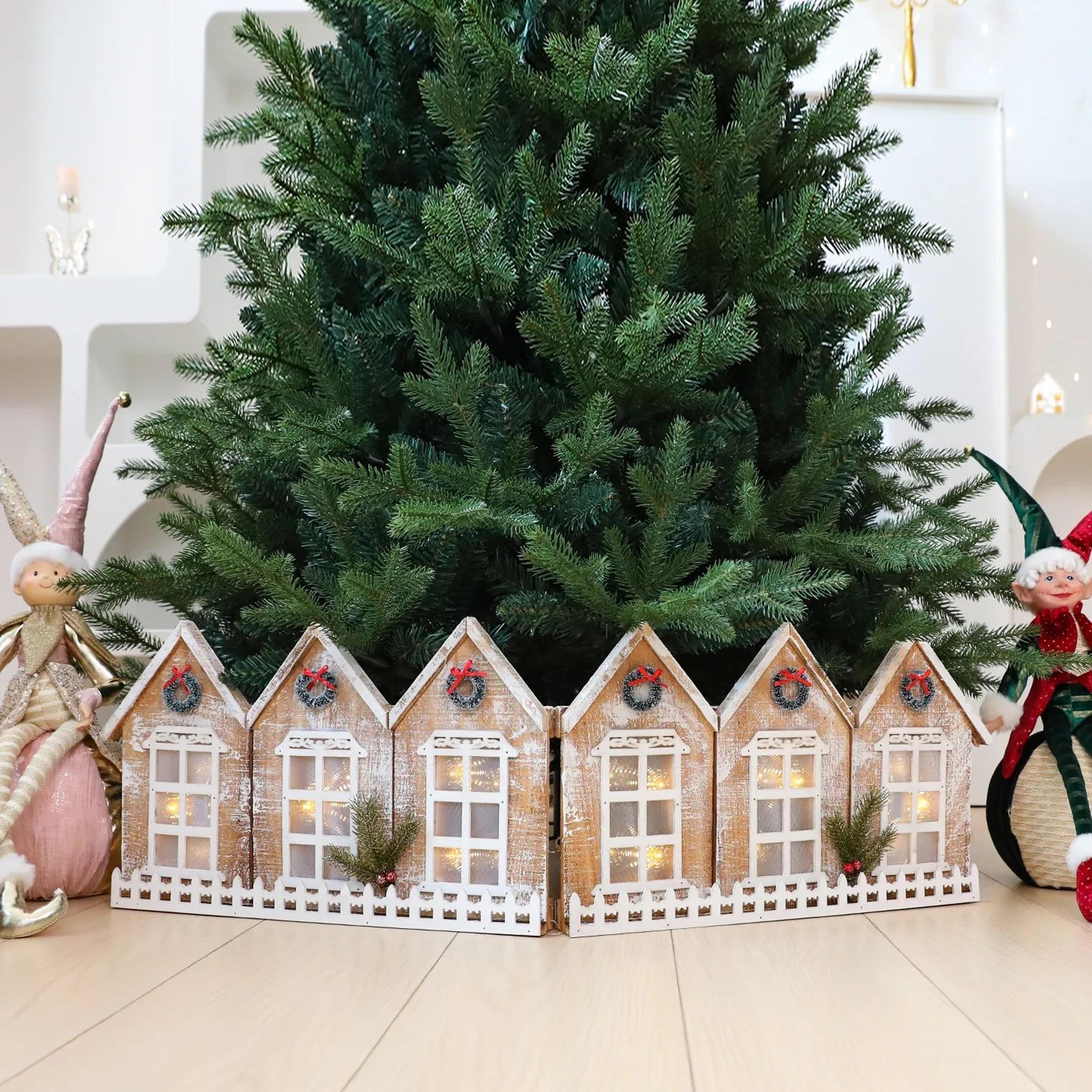 Lighted Wooden Christmas Fence Decoration With Foldable Snowy Village Scene 1