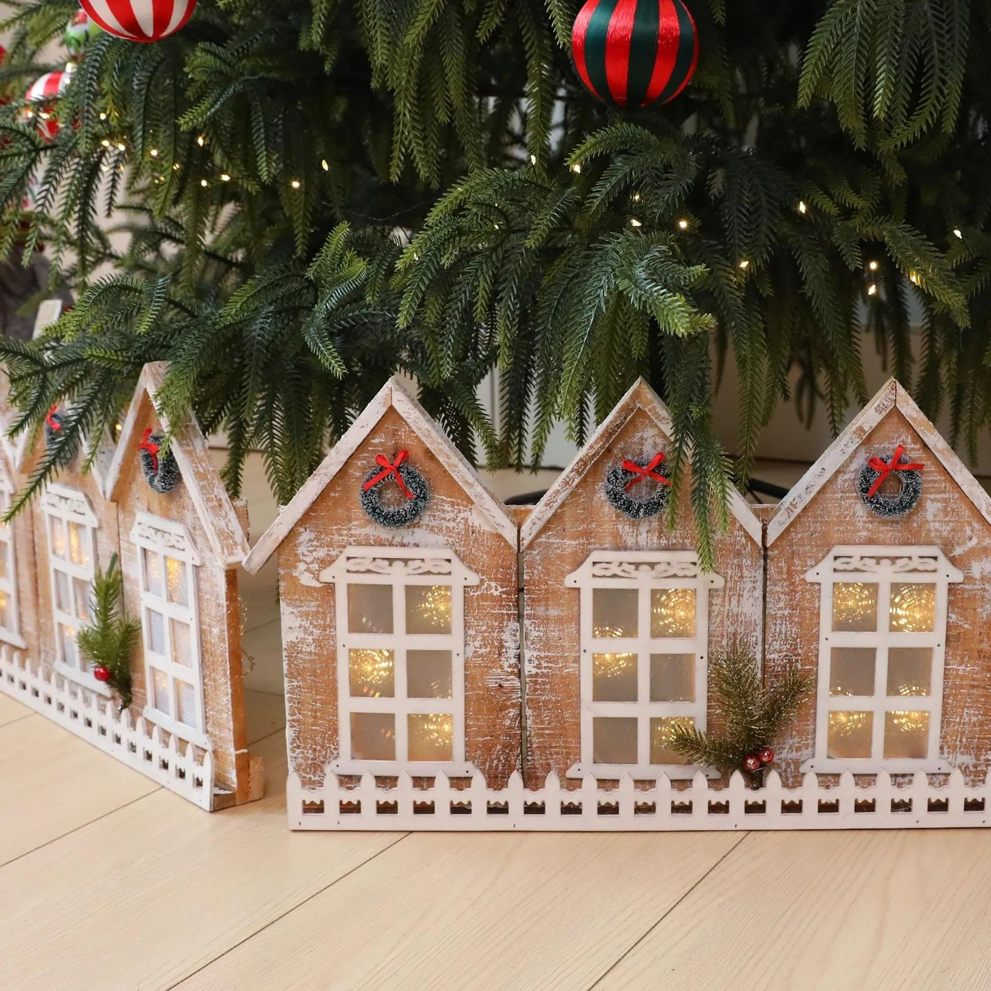 Lighted Wooden Christmas Fence Decoration With Foldable Snowy Village Scene 4