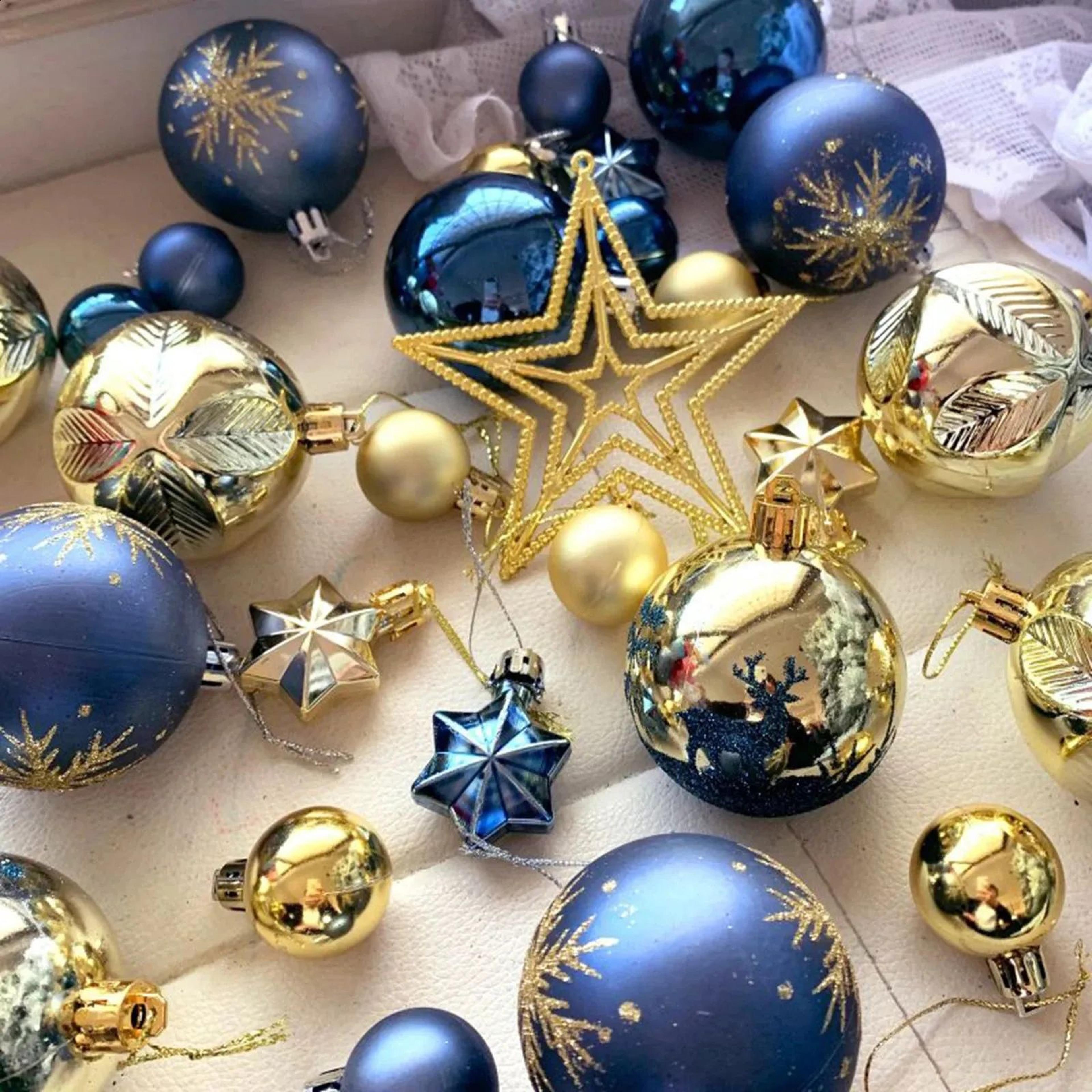 Christmas Ball Ornament Set Blue And Gold Metal Hanging Tree Decorations 1