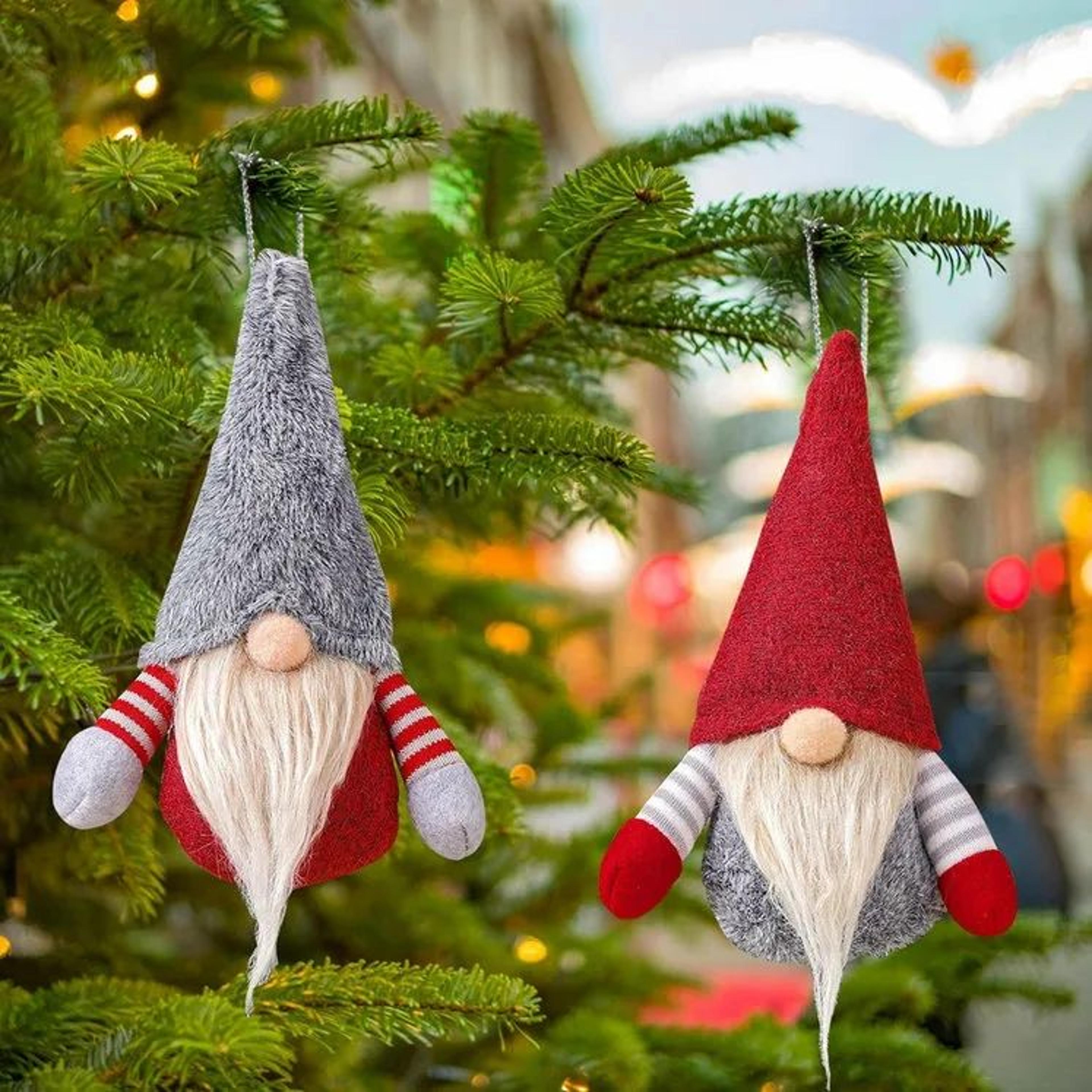 hanging christmas gnome ornaments red and gray plush tomte decorations