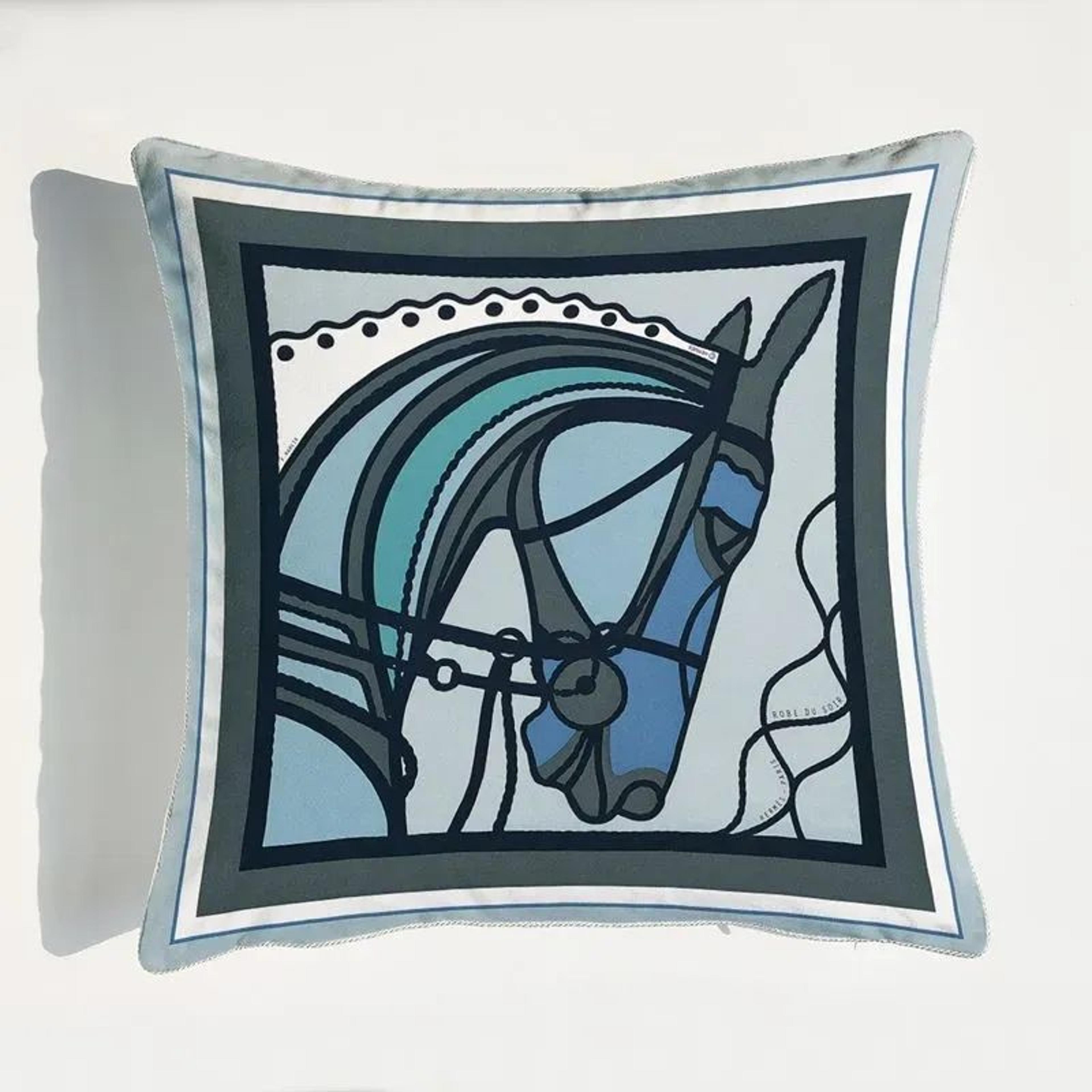 luxury blue horse velvet pillow cover with floral digital print