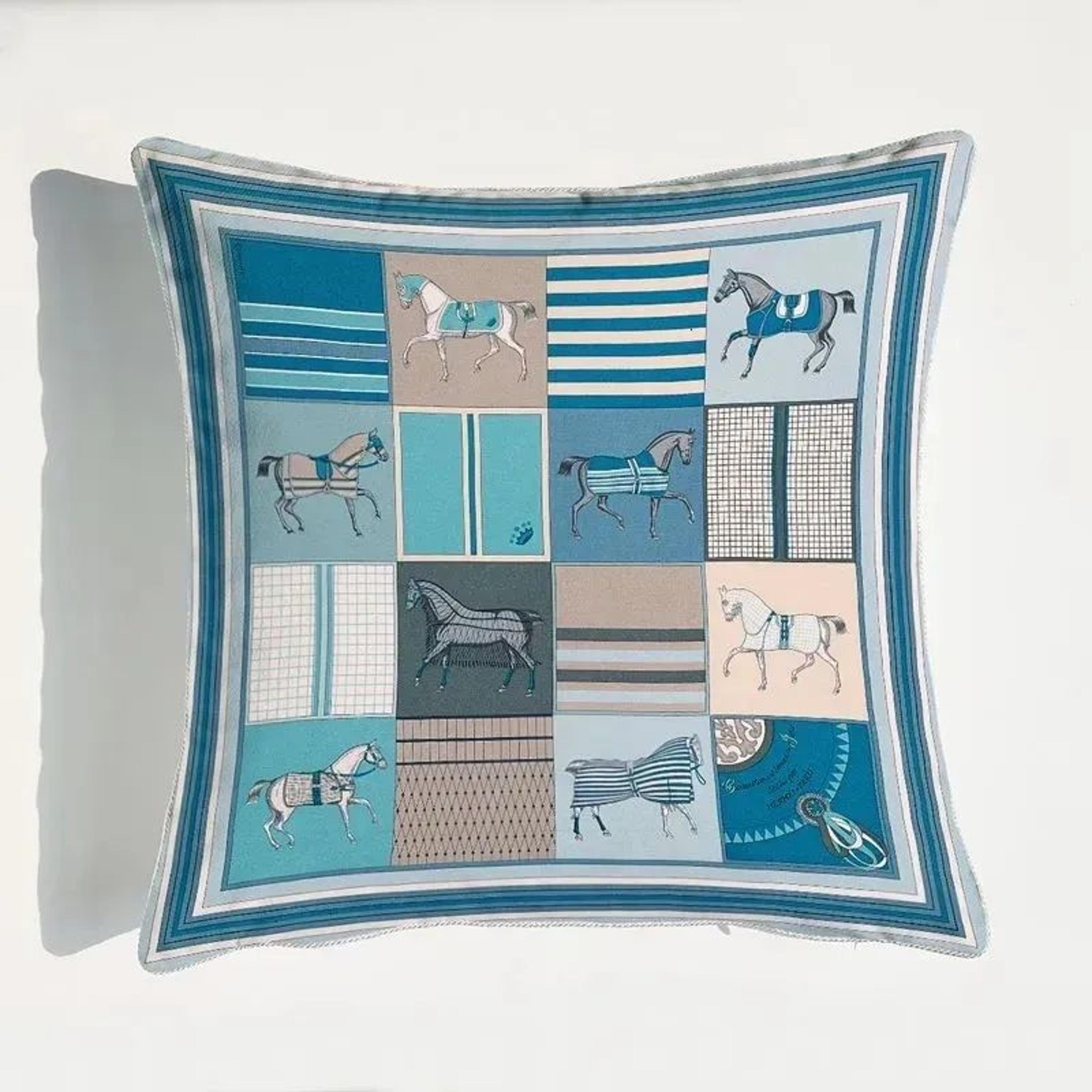 Luxury Blue Horse Velvet Pillow Cover With Floral Digital Print 3