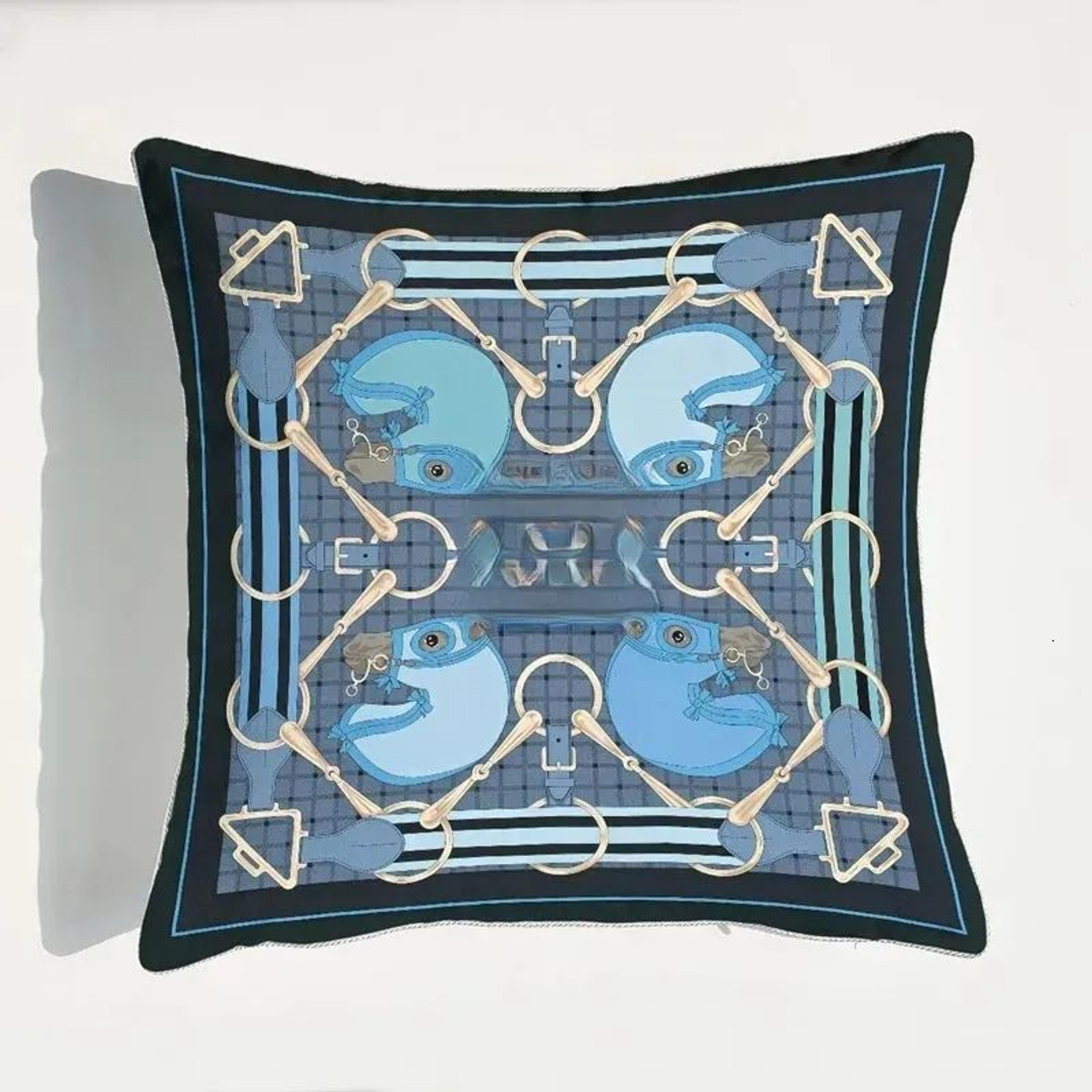 Luxury Blue Horse Velvet Pillow Cover With Floral Digital Print 2