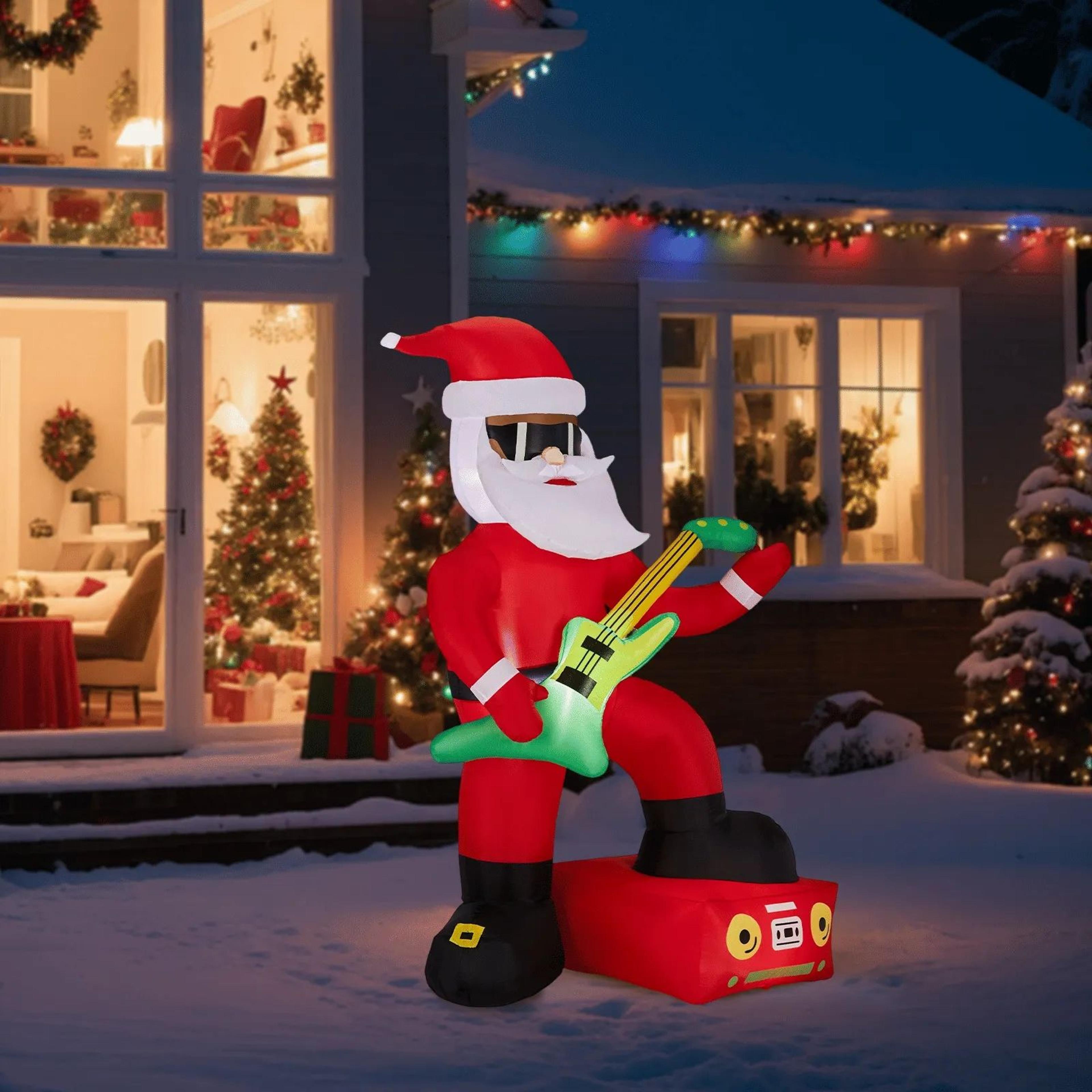 Lighted Christmas Inflatable Black Santa Playing Electric Guitar With LED Lights 3