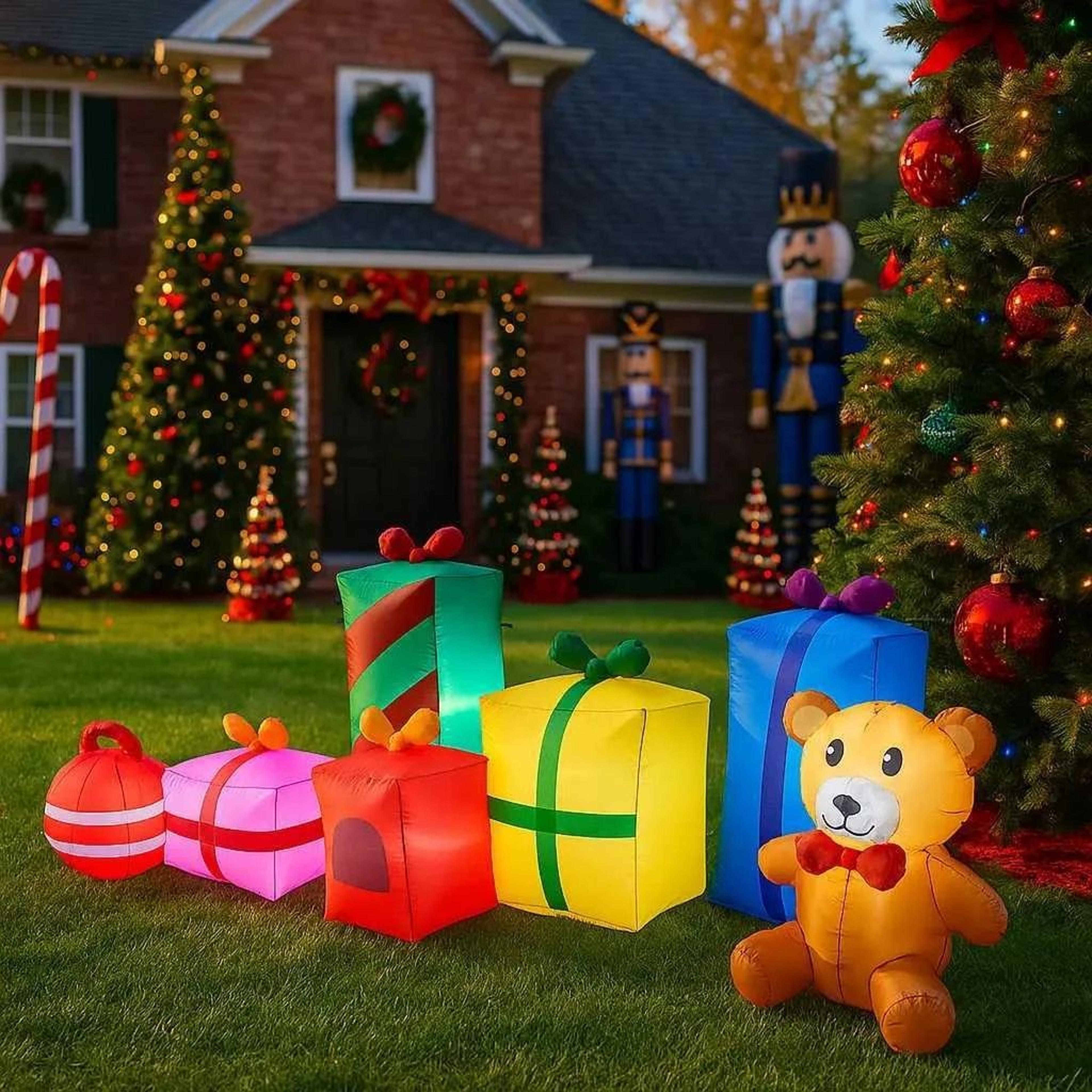 inflatable christmas teddy bear with santa claus gift design and lights