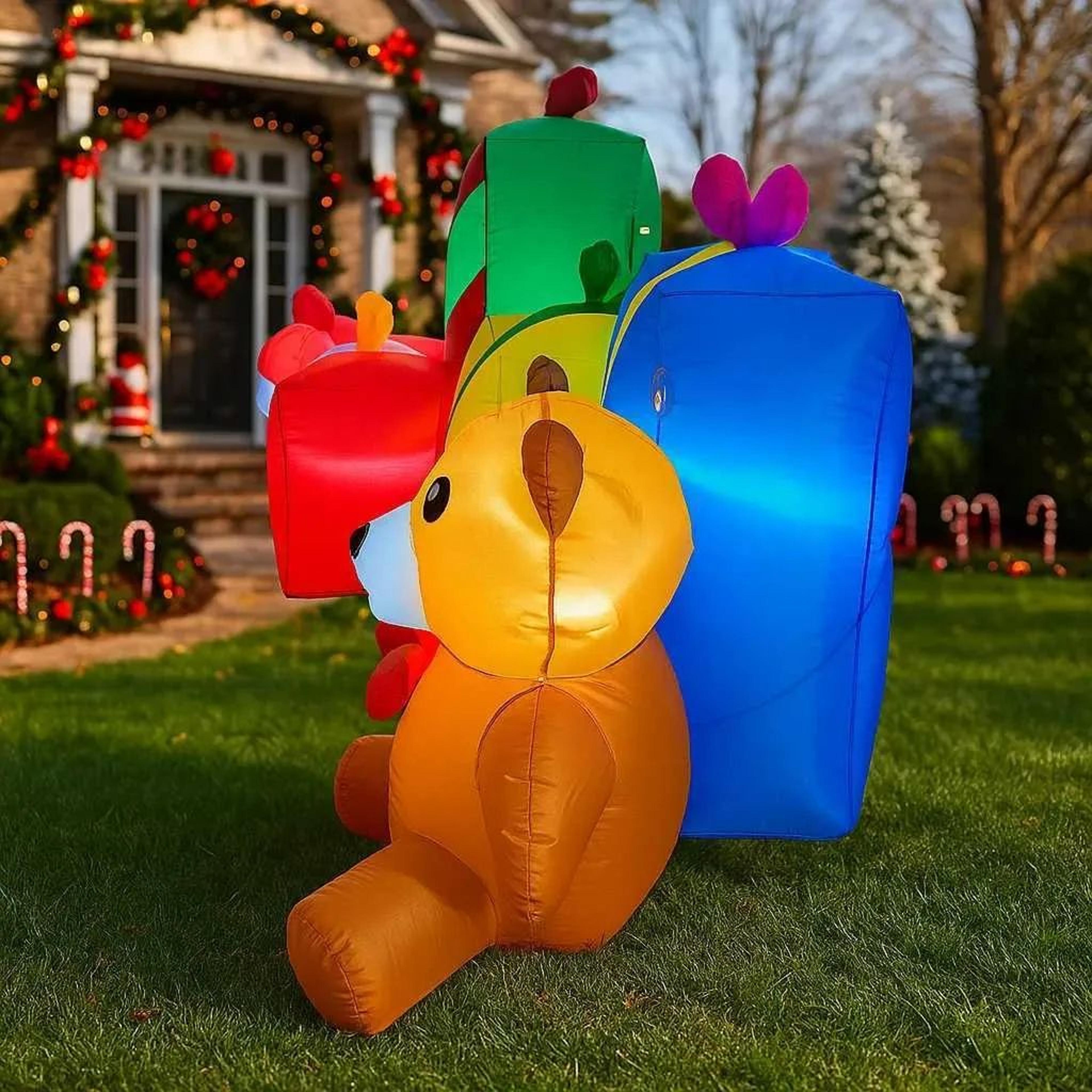 Inflatable Christmas Teddy Bear With Santa Claus Gift Design And Lights 2