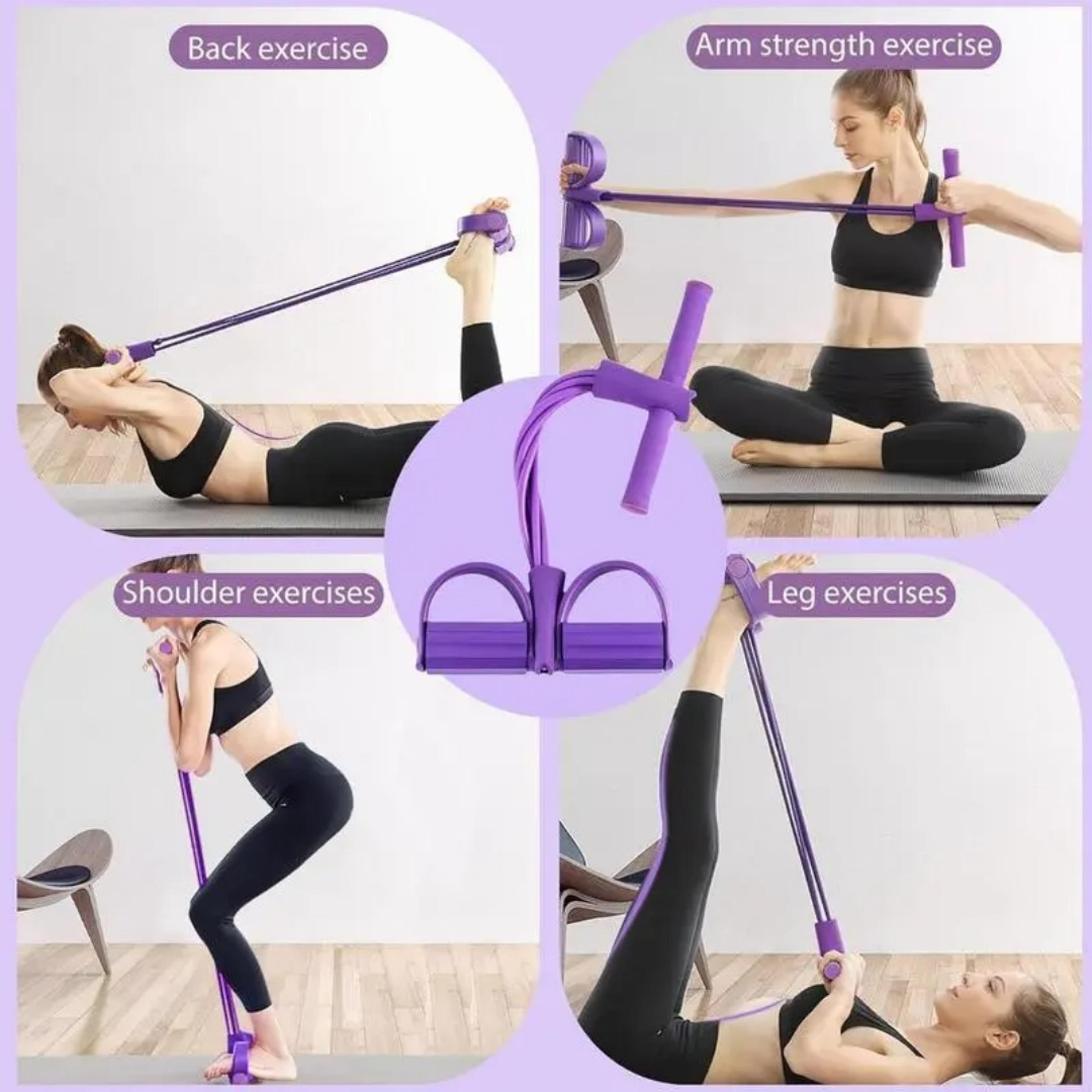 purple resistance bands with handles and pedal for full body home workout