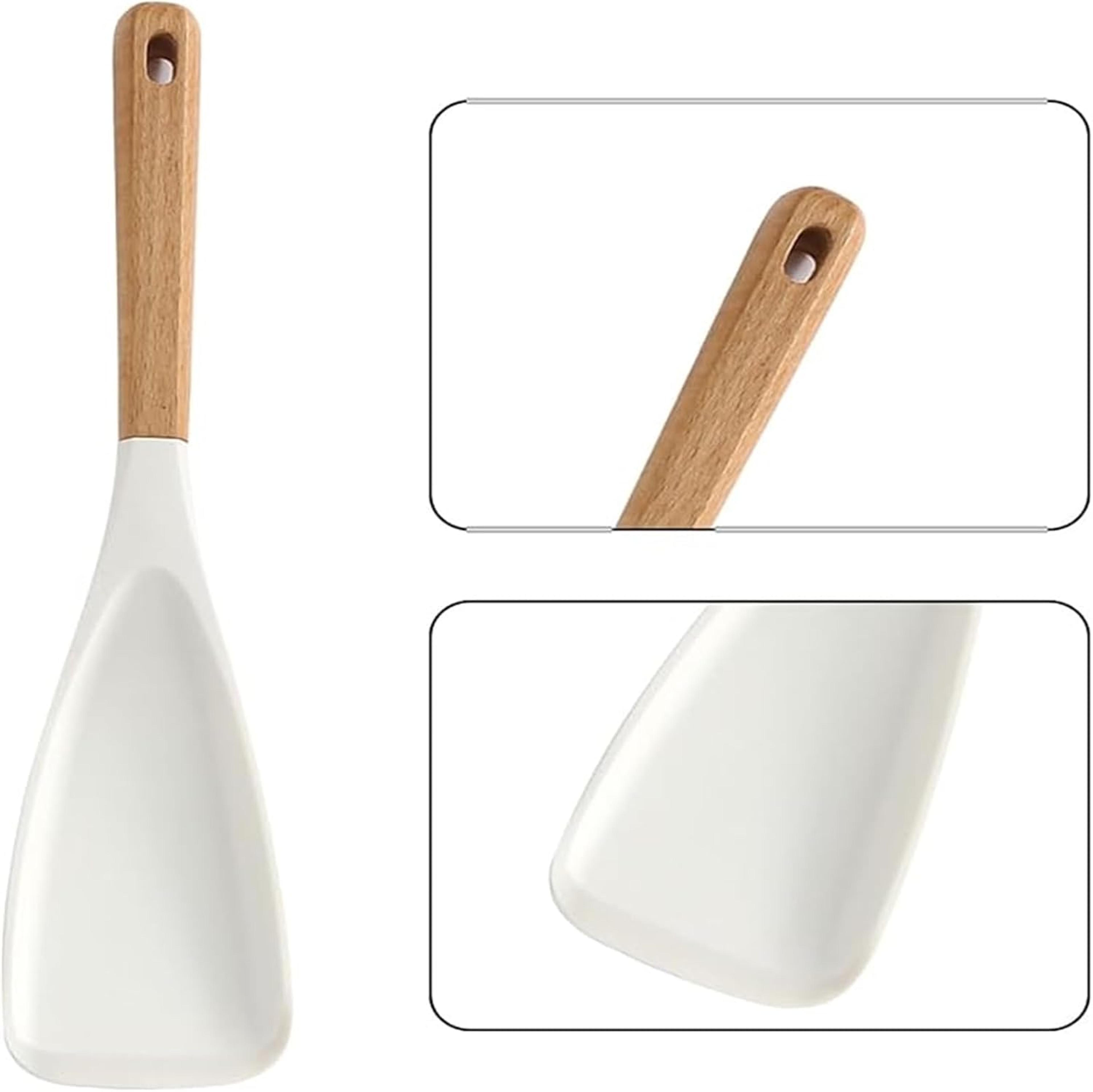 white silicone spatula with beech wood handle for cooking, scraping and serving