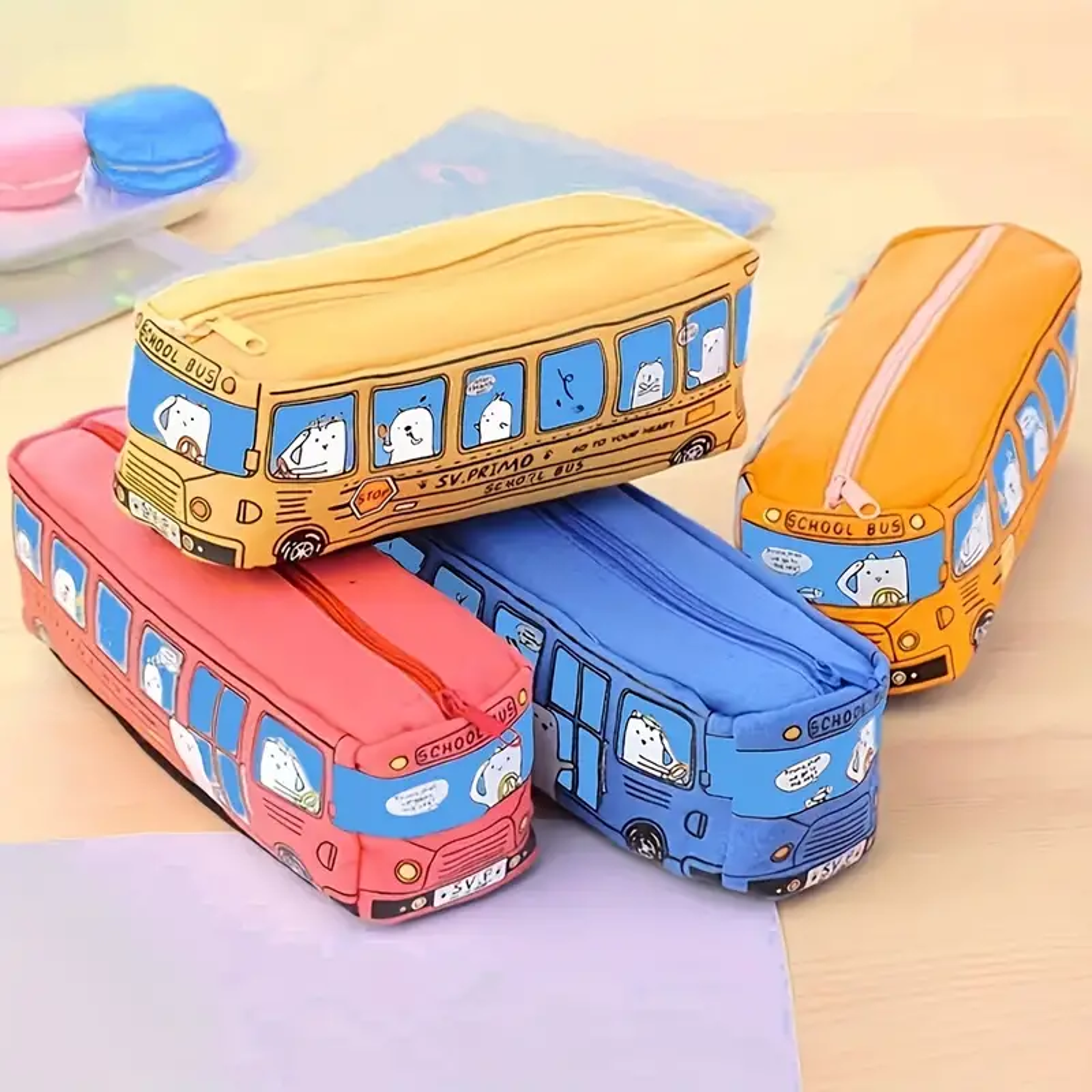 Creative School Bus Pencil Case Large Capacity Canvas Pencil Bag For Students 5