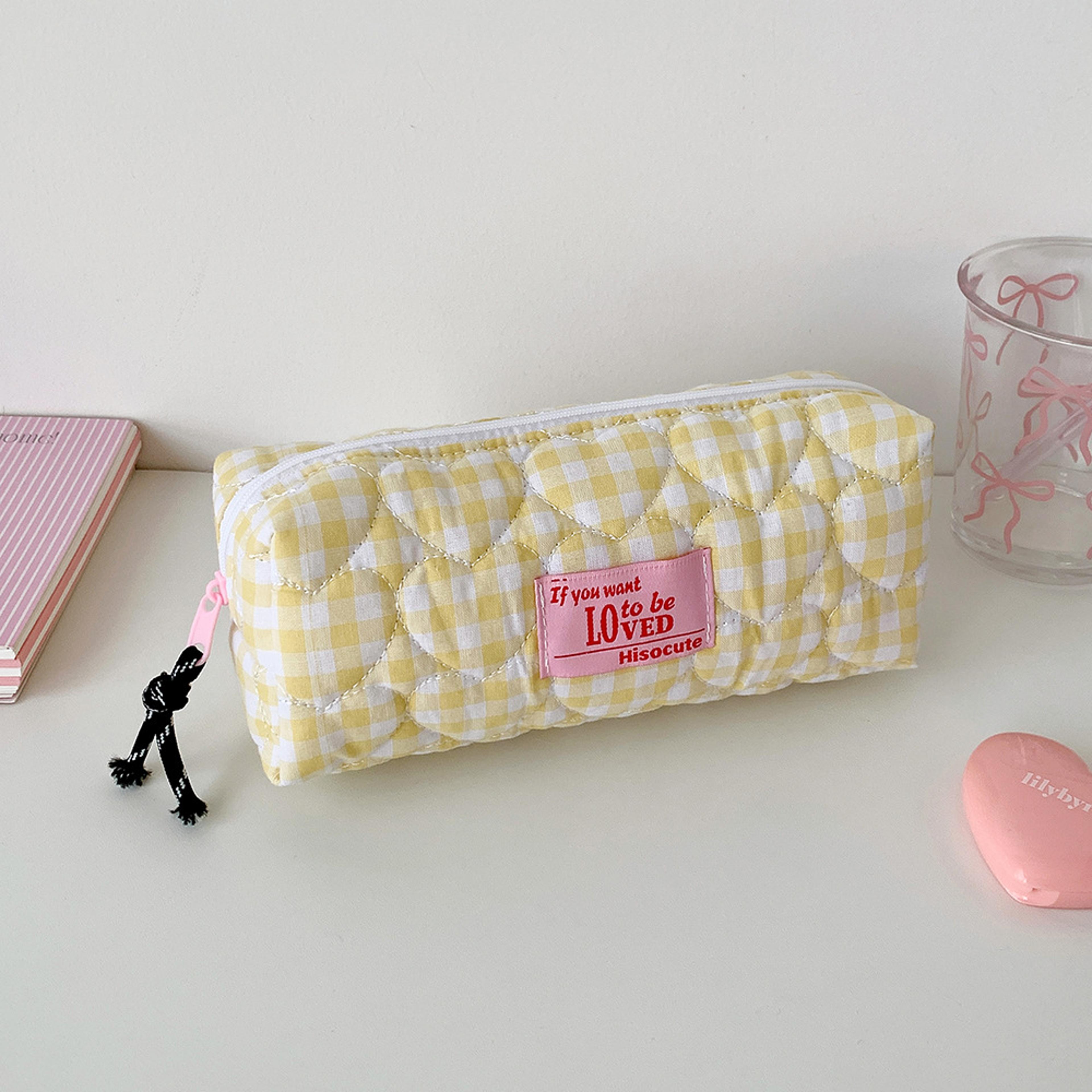 Quilted Heart Grid Pencil Pouch Korean Style Student Stationery Bag 7