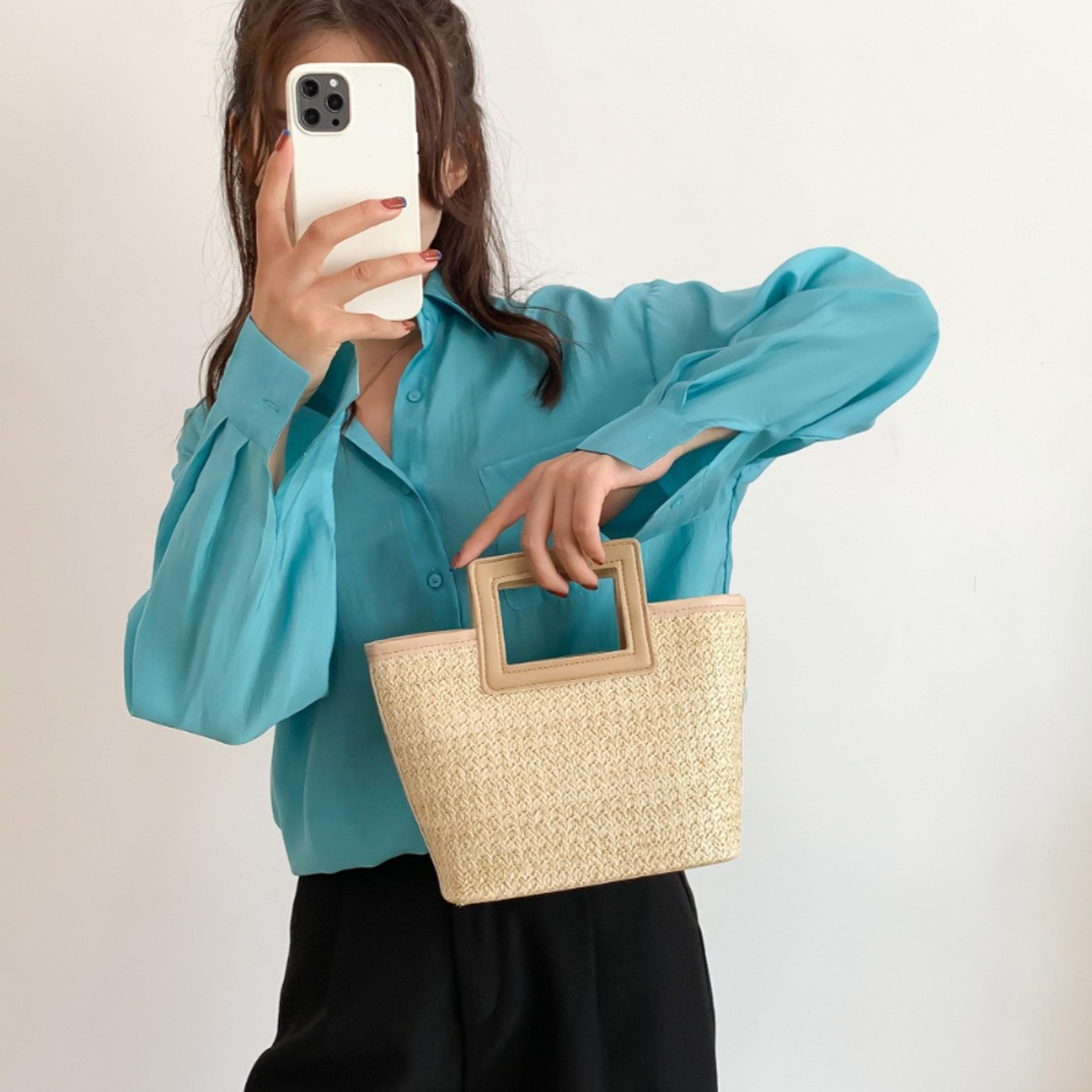 Square Straw Woven Handbag Faux Leather Trim Mini Tote For Women Vacation Style 1