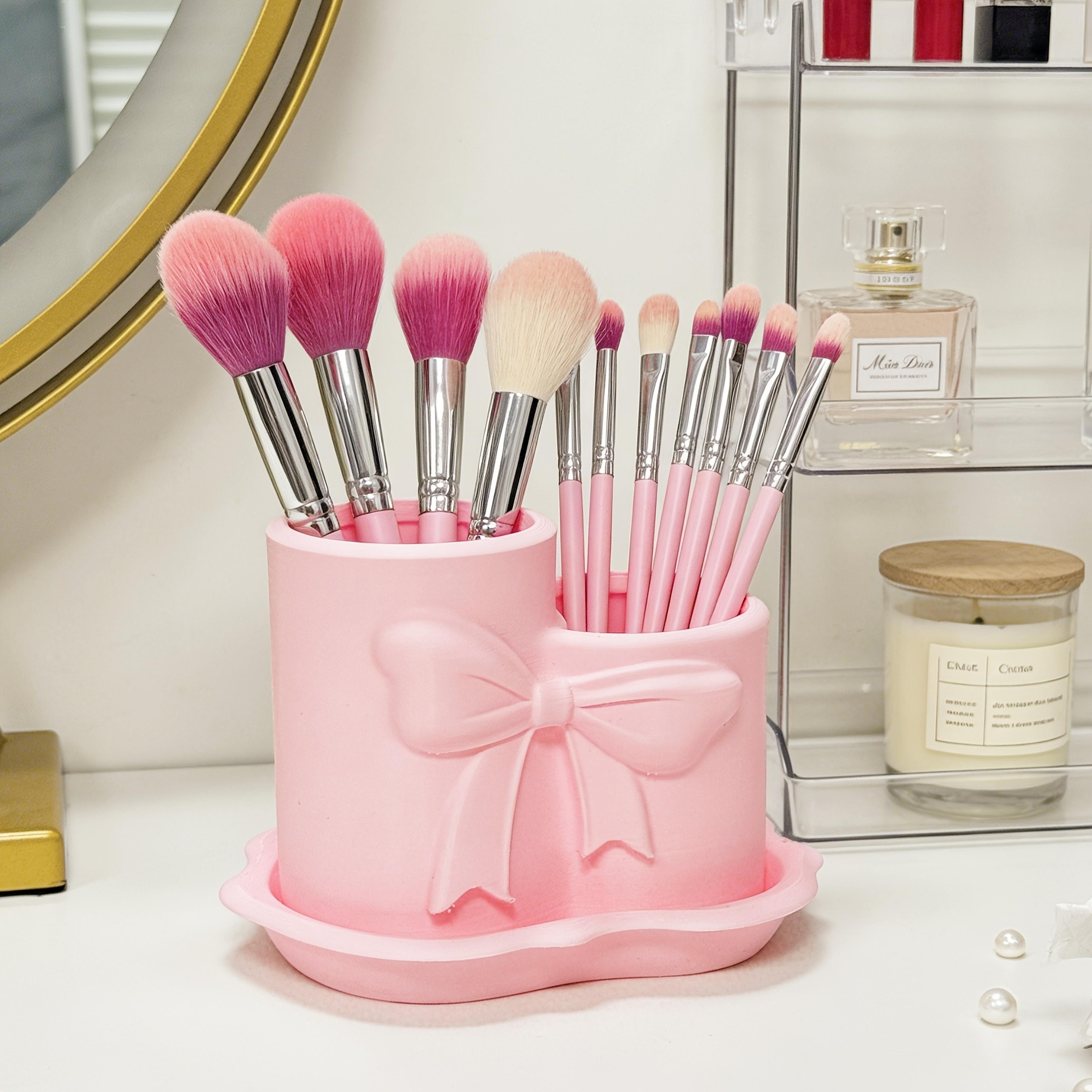 Printed Bow Makeup Brush Holder Pink White Cosmetic Organizer Vanity Decor 1
