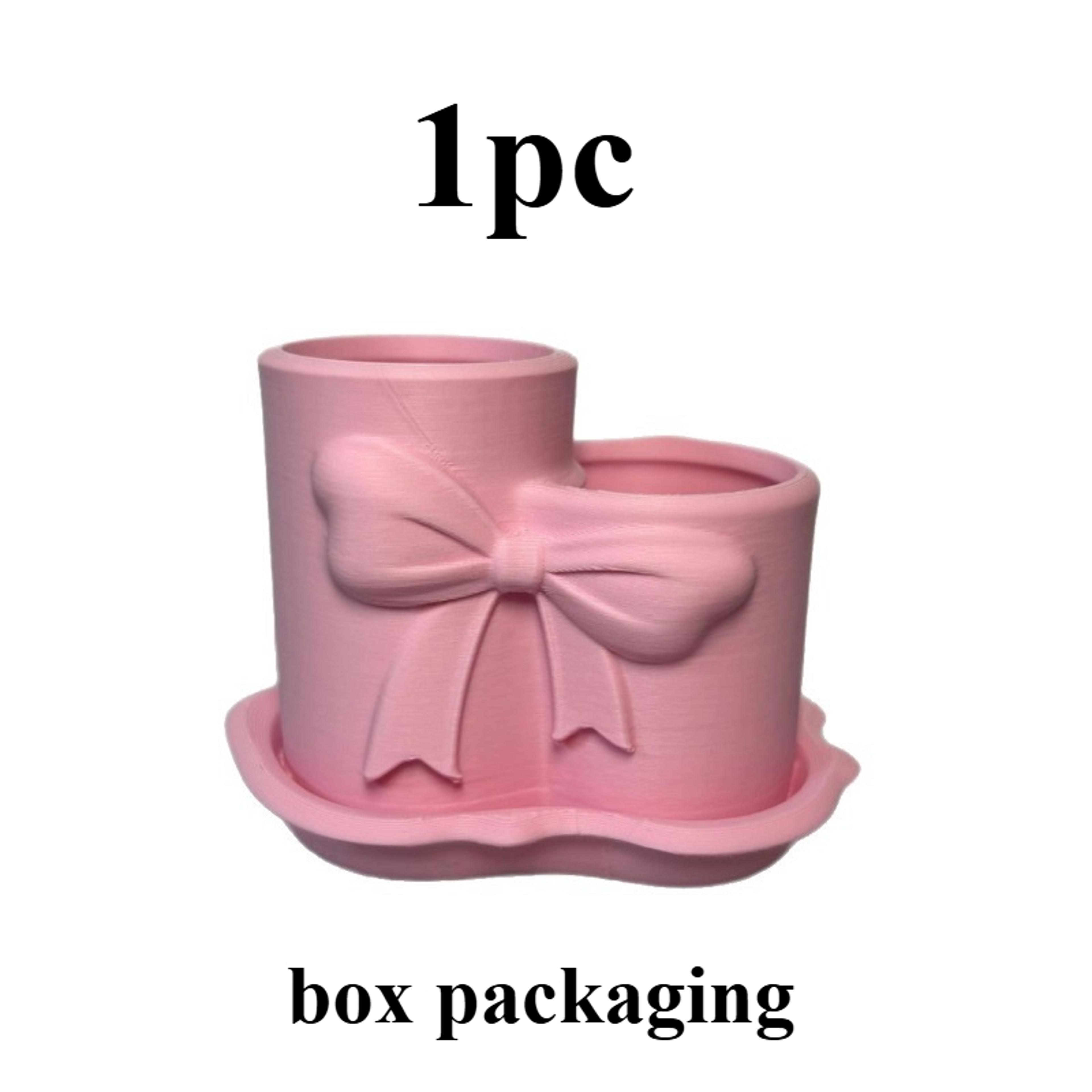 Printed Bow Makeup Brush Holder Pink White Cosmetic Organizer Vanity Decor 4