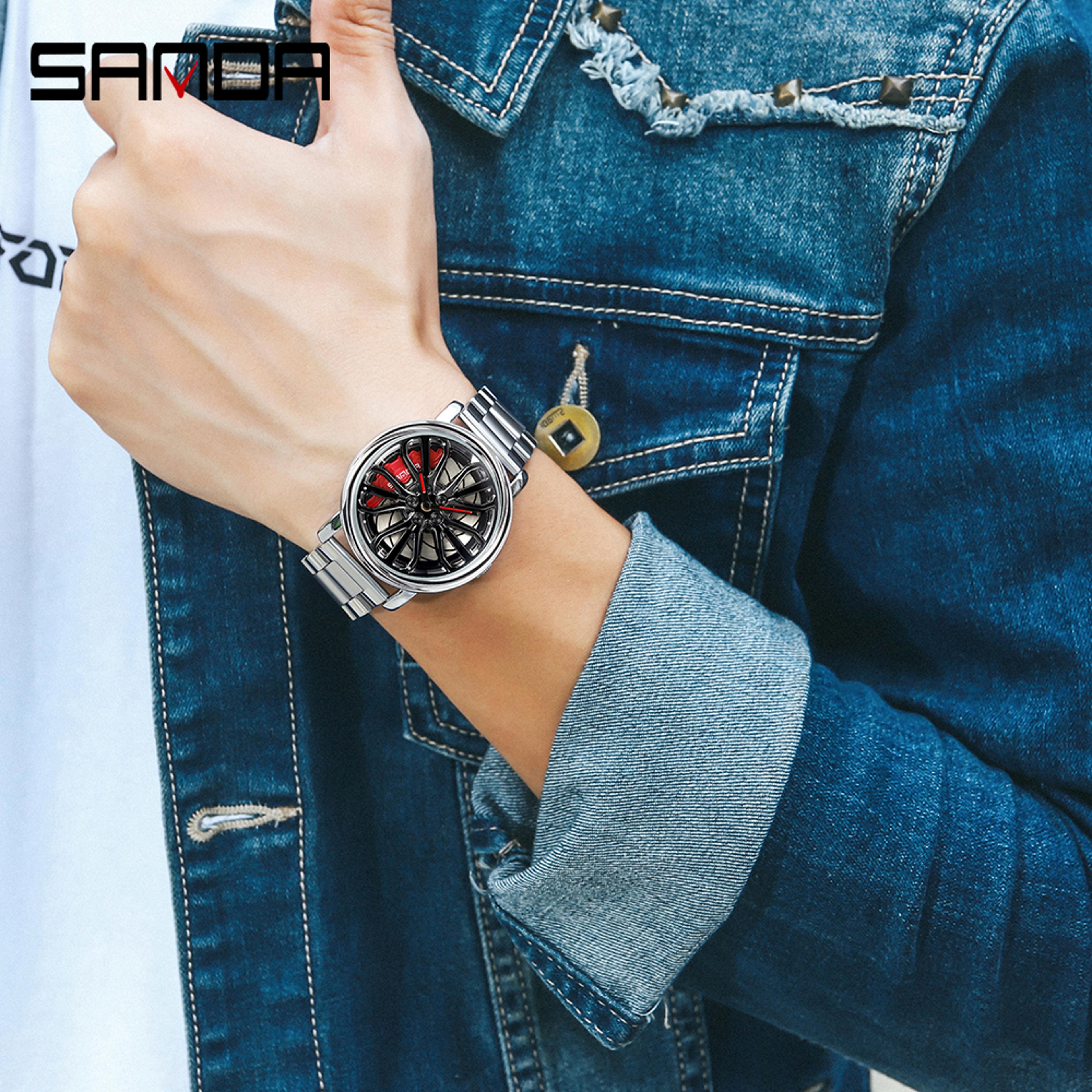Car Rim Rotating Wheel Dial Stainless Steel Sport Quartz Wristwatch 5