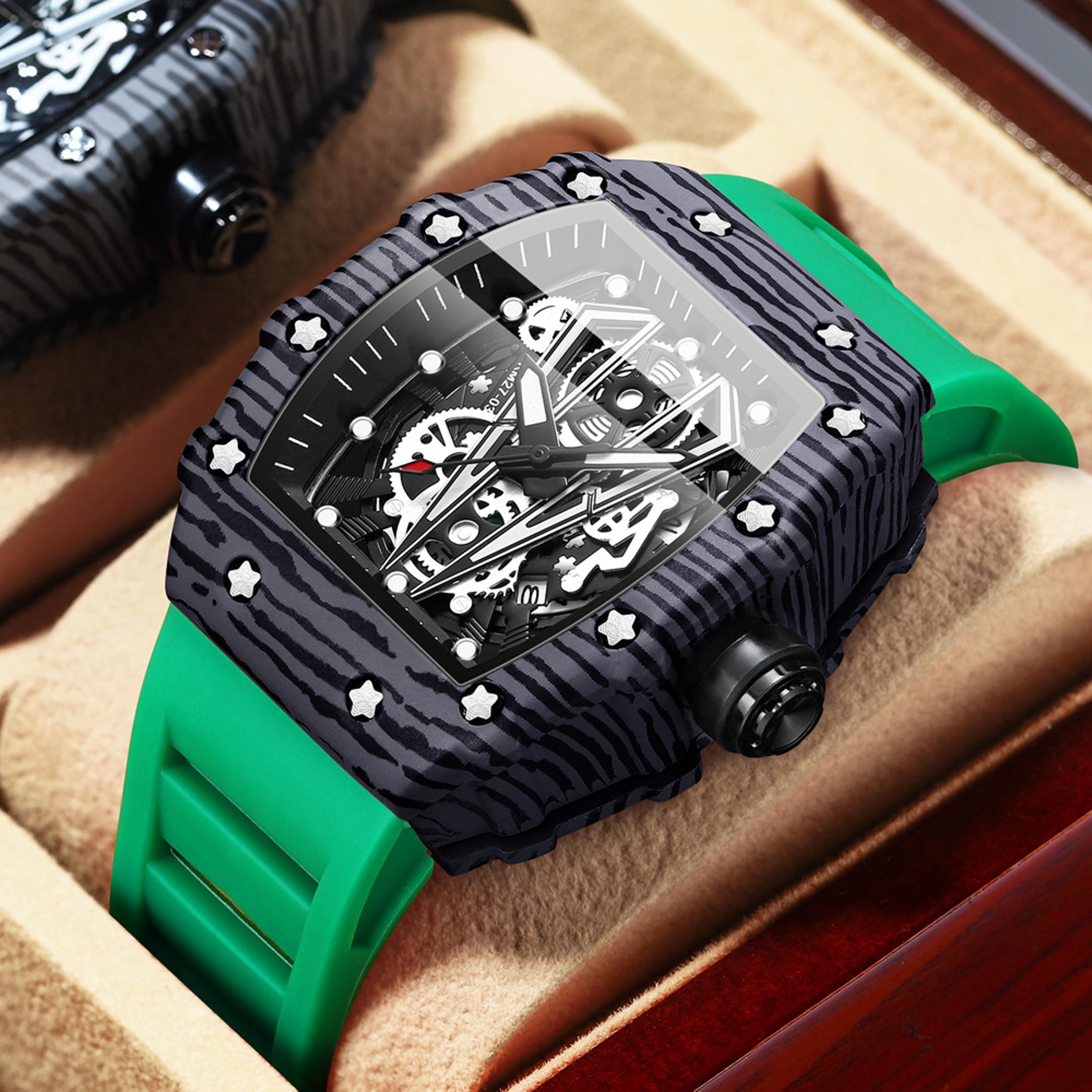 bold tonneau sports quartz watch for men with silicone strap
