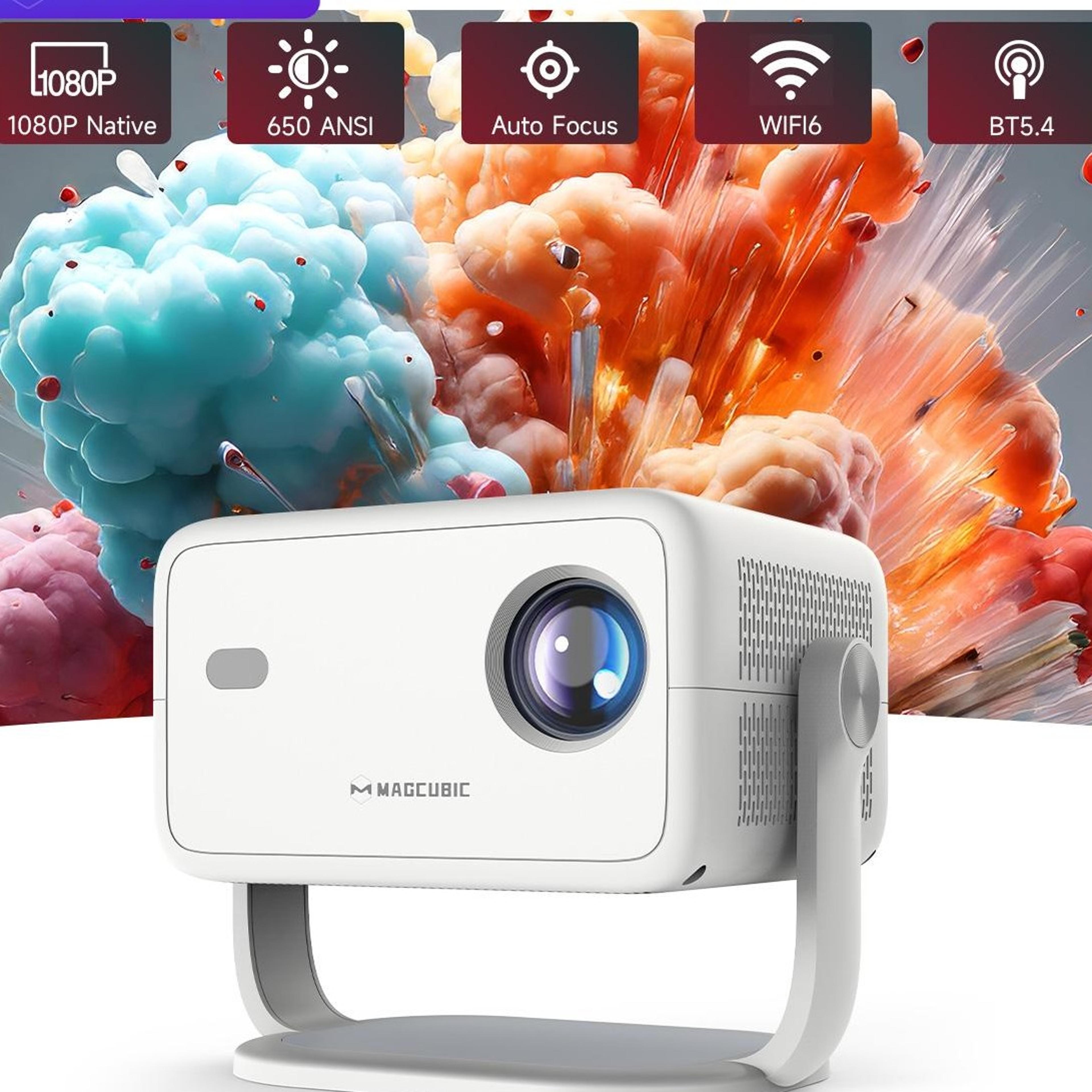 magcubic portable projector with android auto focus wifi 6 and 360 degree stand
