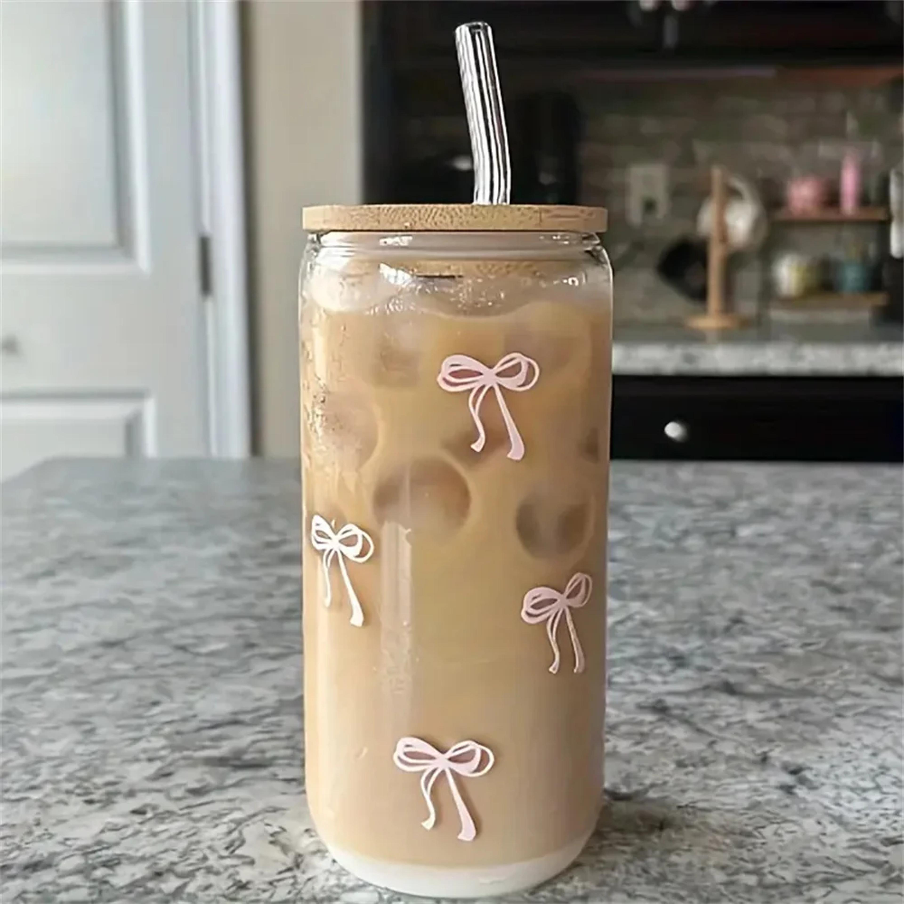 Cherry Bow Glass Tumbler With Straw Mason Jar Iced Coffee Cup 2