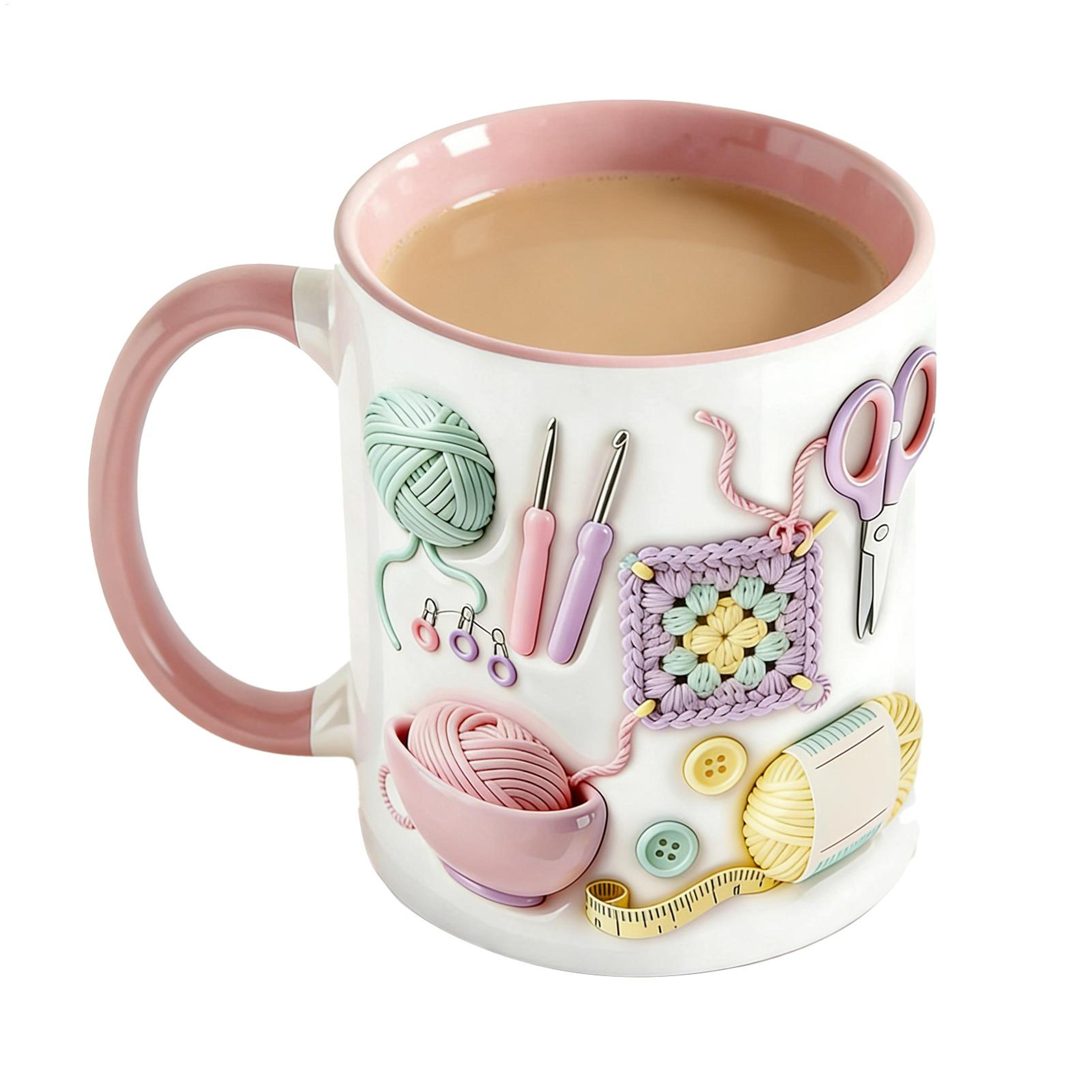 funny crochet ceramic coffee mug for yarn lovers and creative desk decor