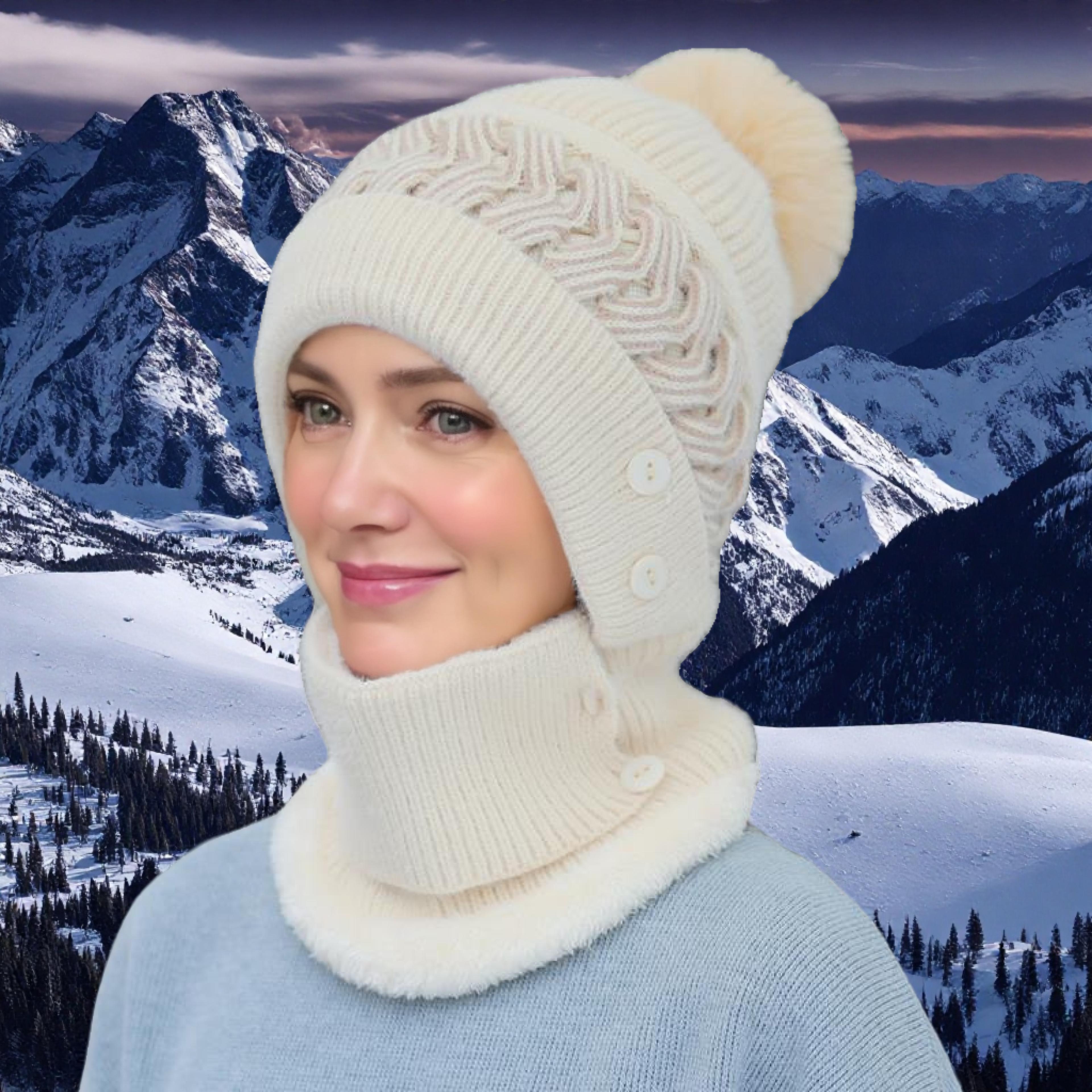 Womens Plush Lined Winter Balaclava Hat With Pom Pom Face Cover And Neck Warmer 1