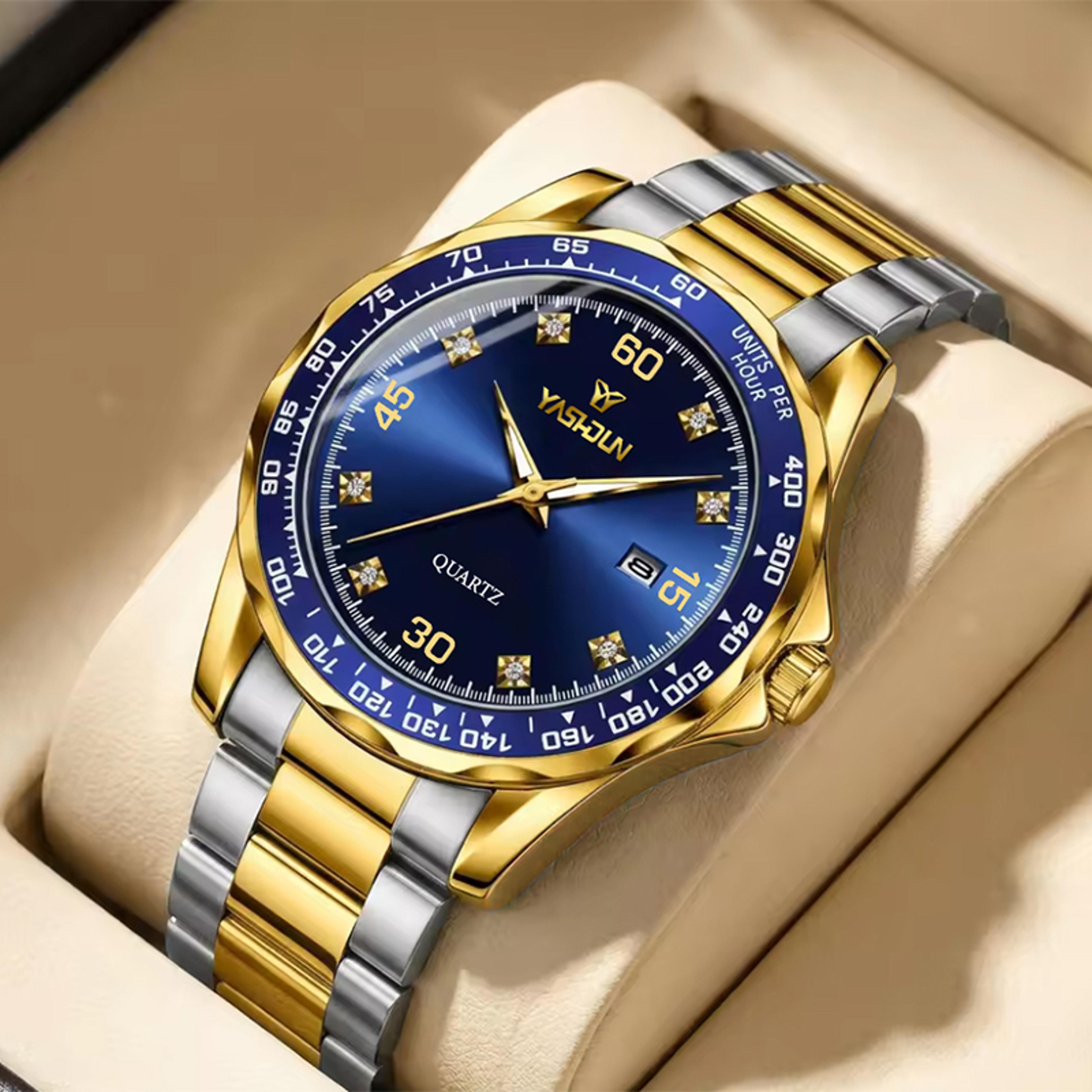 men's quartz watch with stainless steel band waterproof luminous auto date display