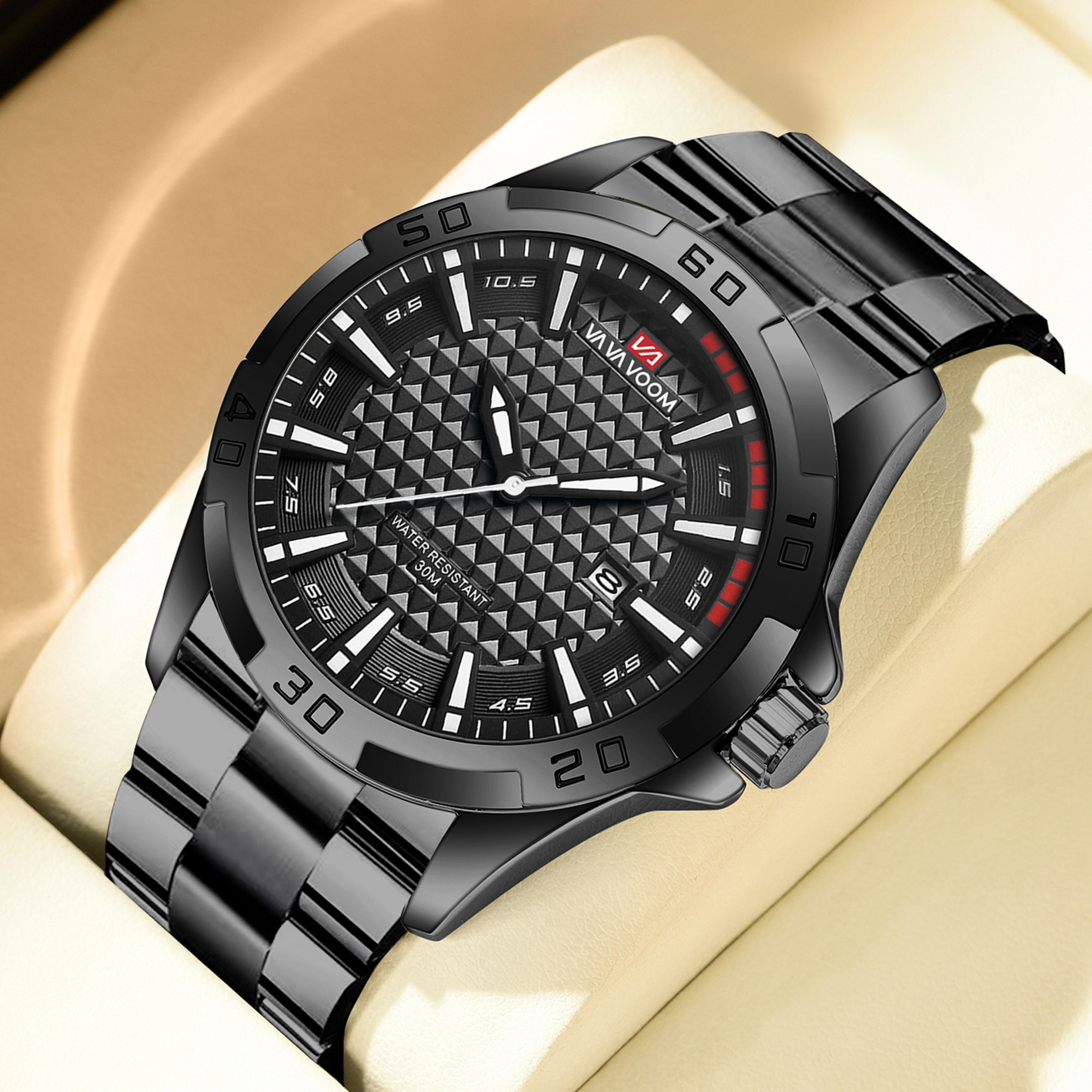 mens stainless steel quartz watch with calendar luminous hands and water resistance