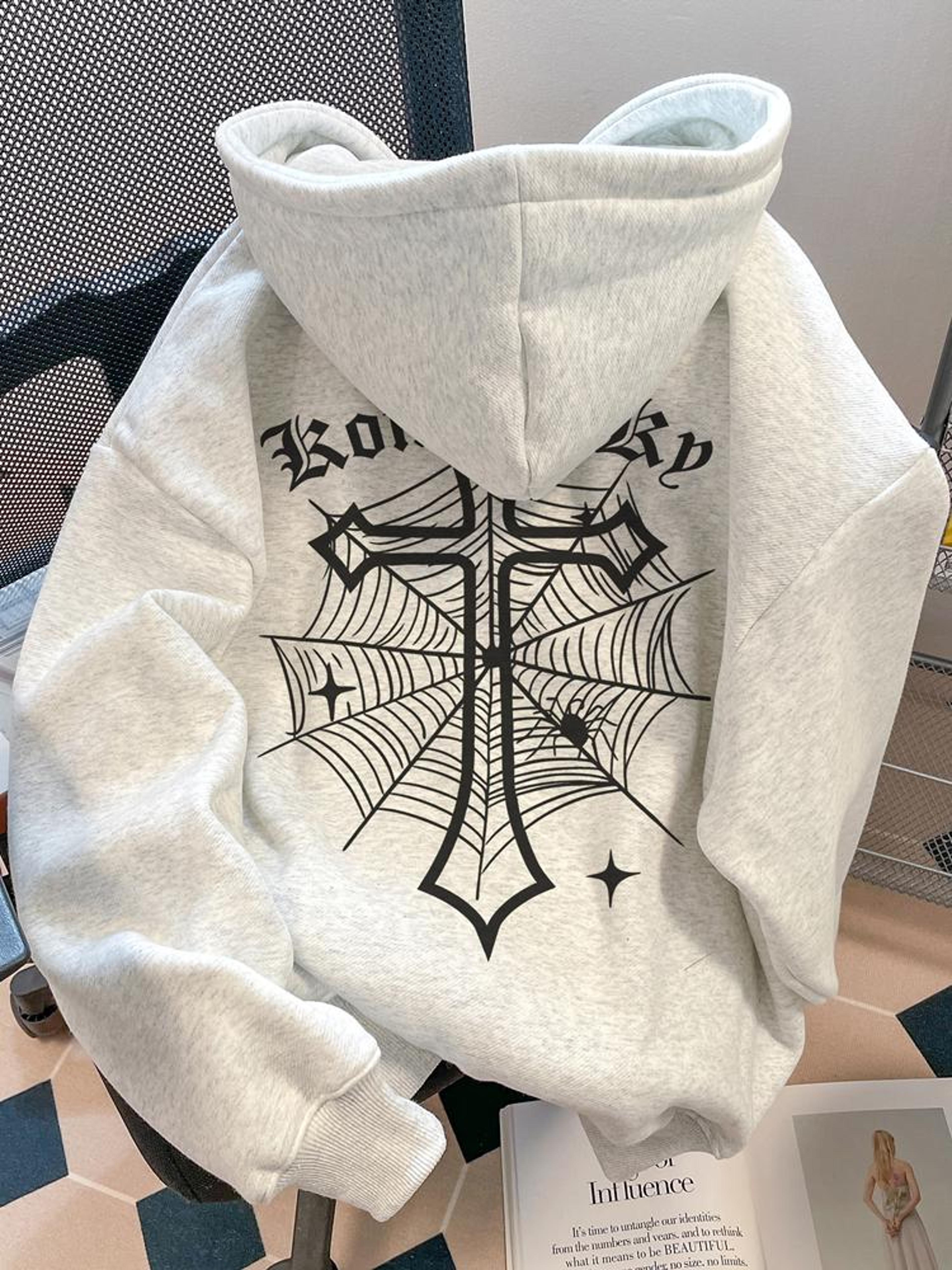 men spider print pullover hoodie casual fleece warm sweatshirt
