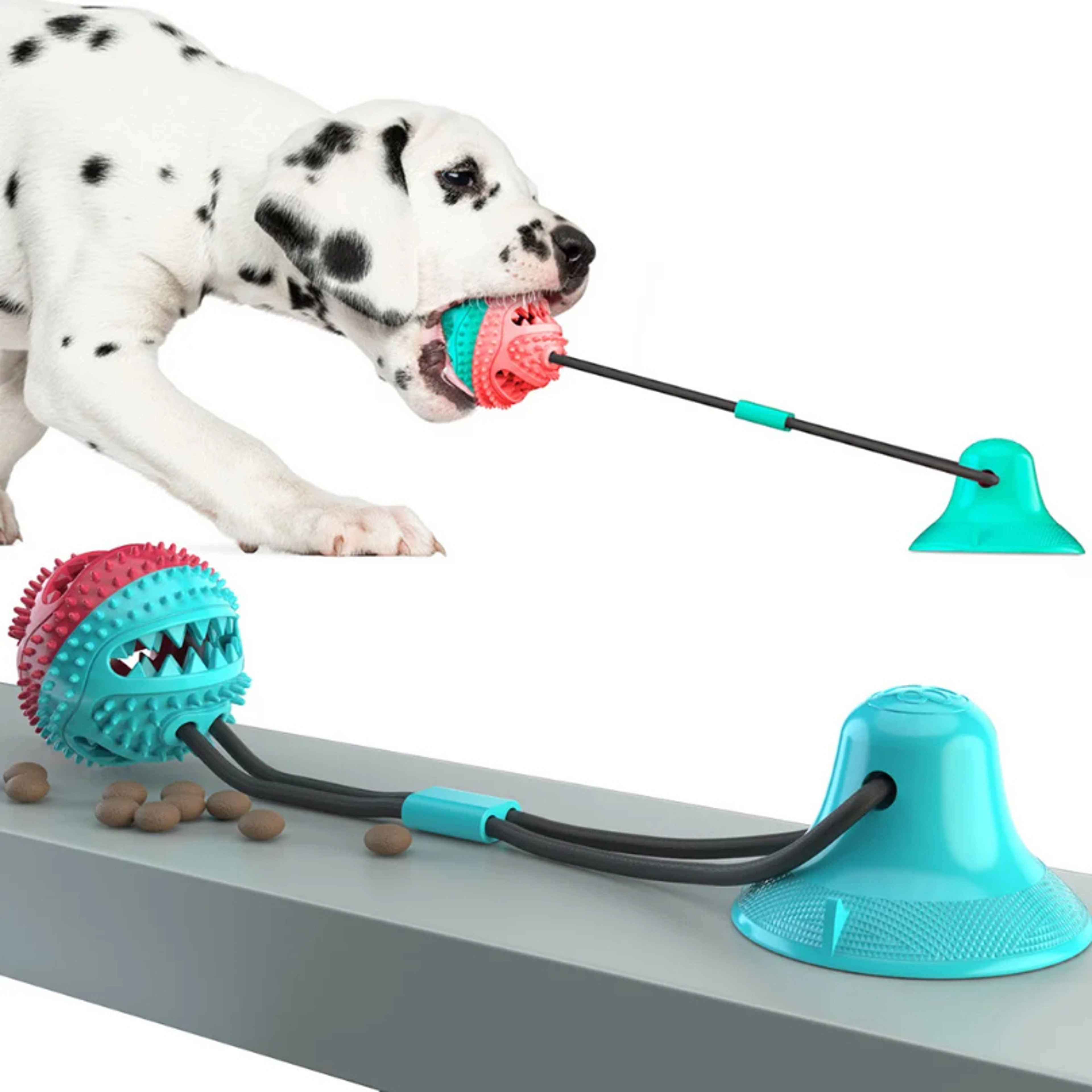 dog suction cup chew toy with treat ball and tug design