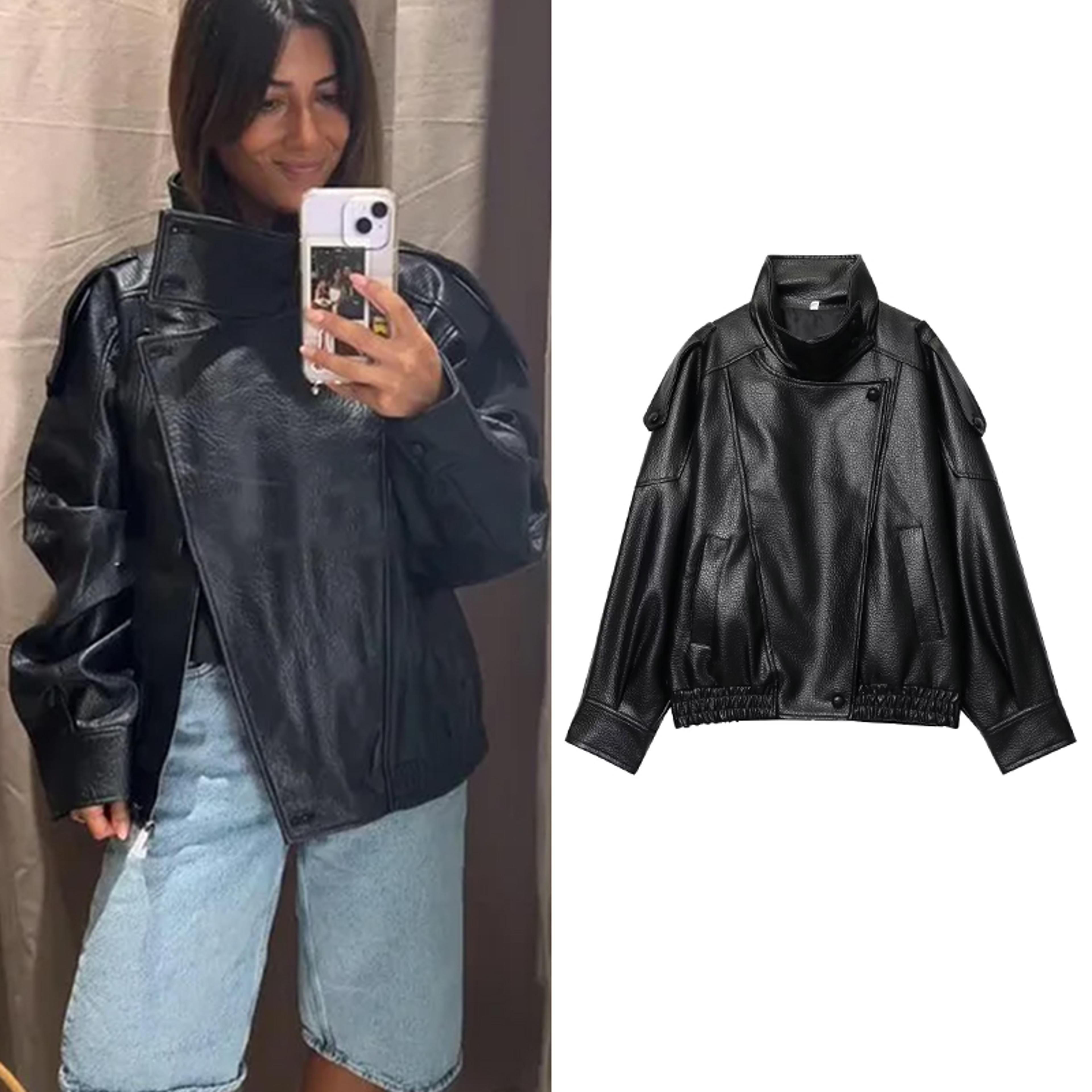 womens black faux leather jacket with zipper closure and oversized fit