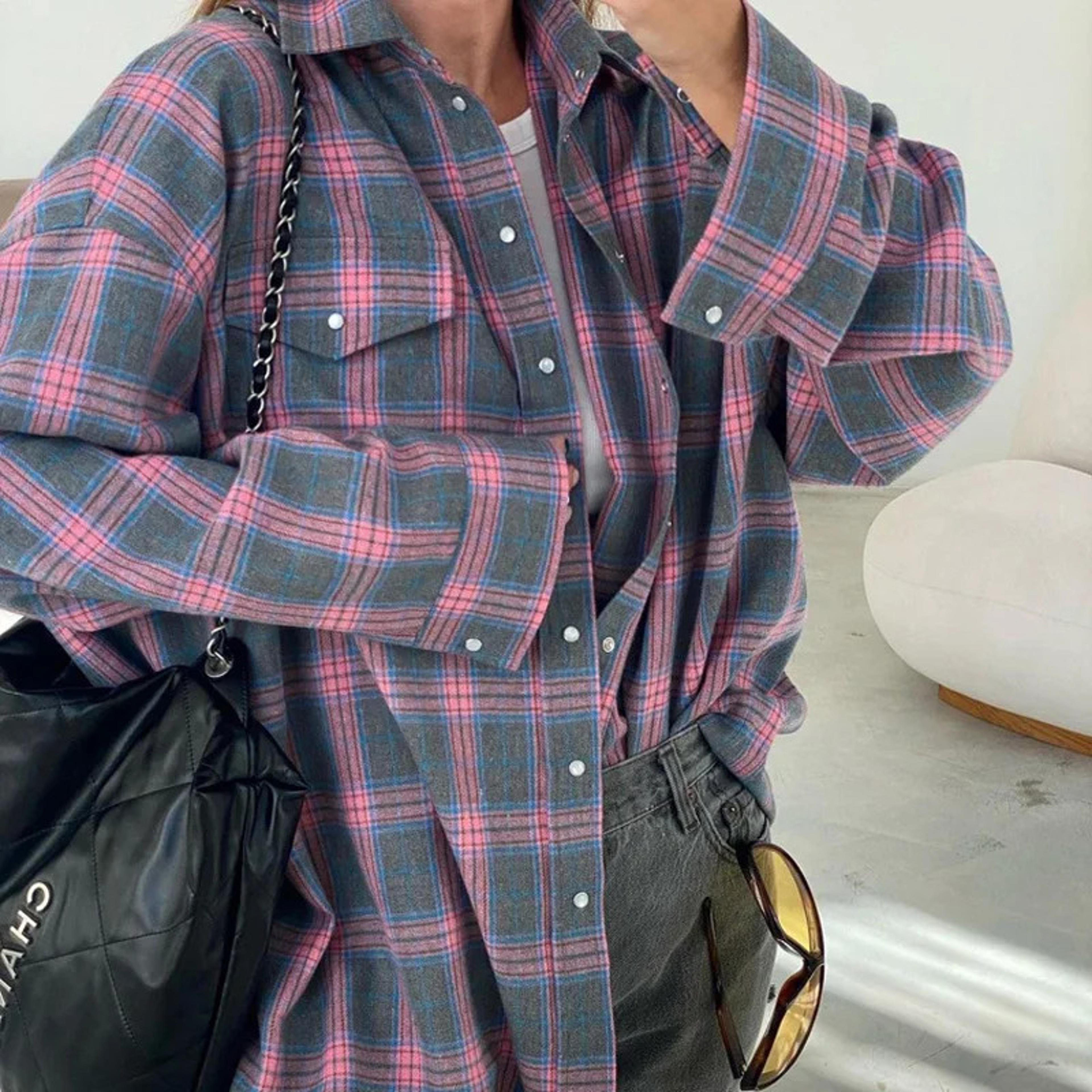 womens oversized plaid button down shirt with long sleeves and notched collar