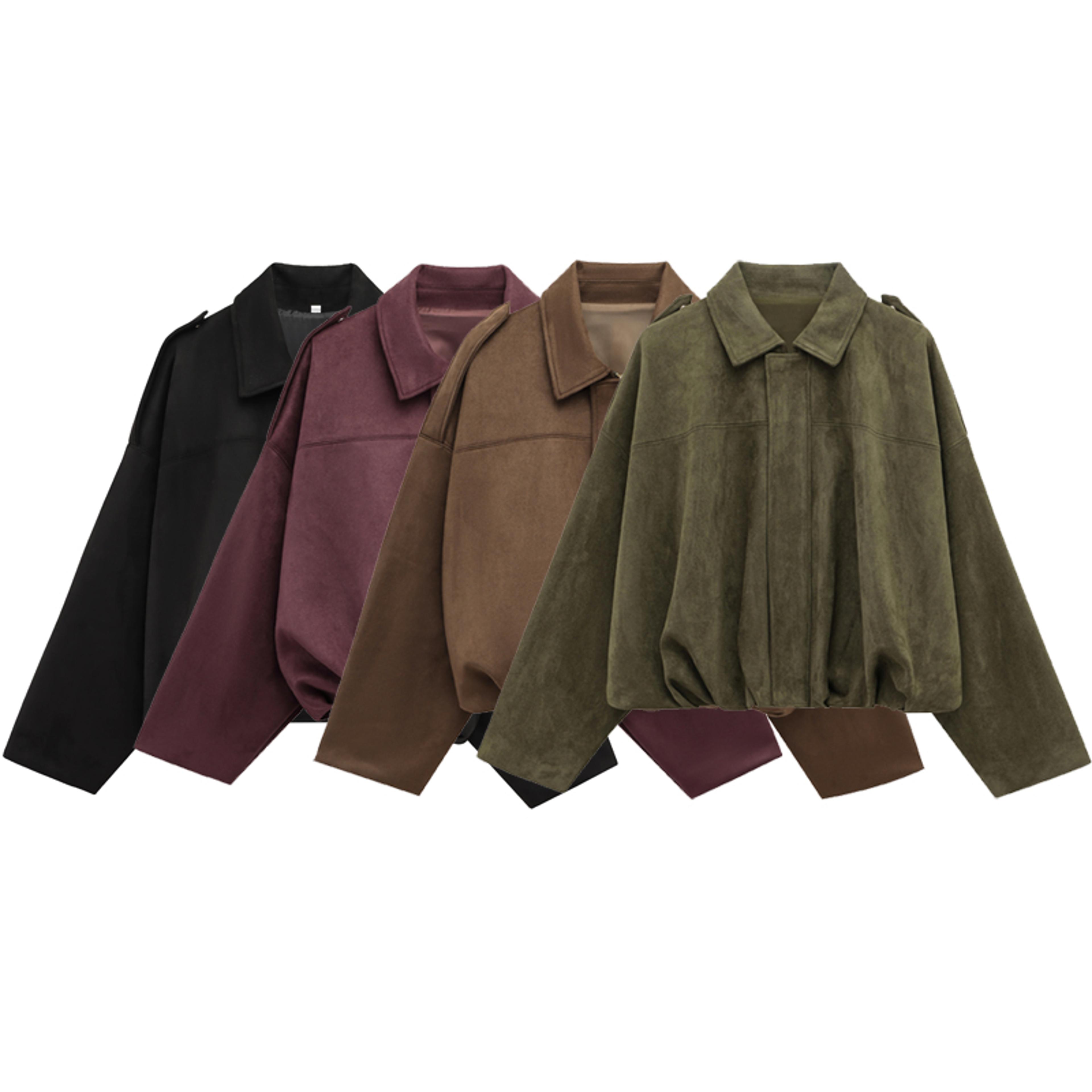 womens cropped suede bomber jacket with zipper front and turn-down collar