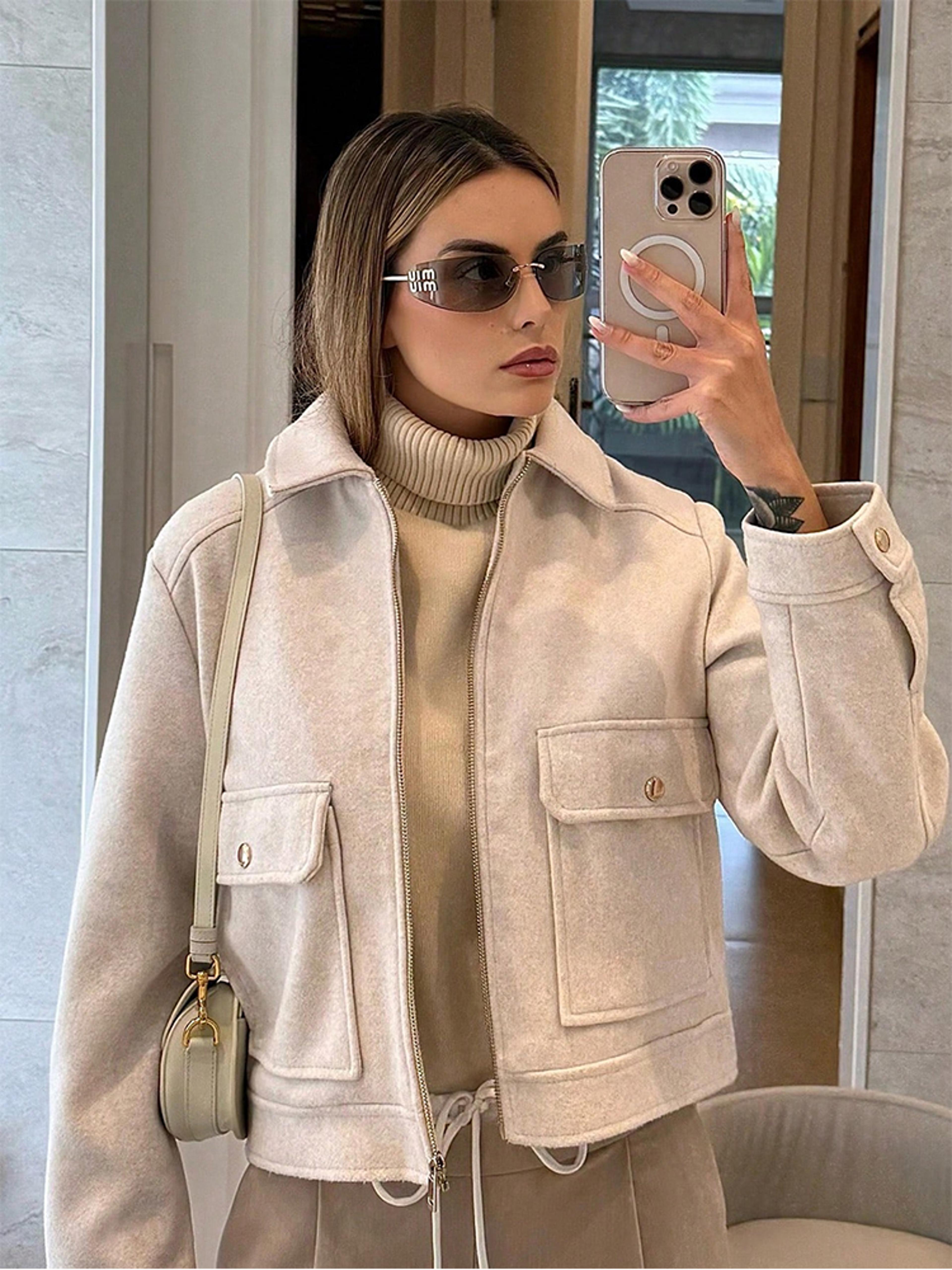 womens zipper jacket with pockets and turn-down collar casual long sleeve outerwear