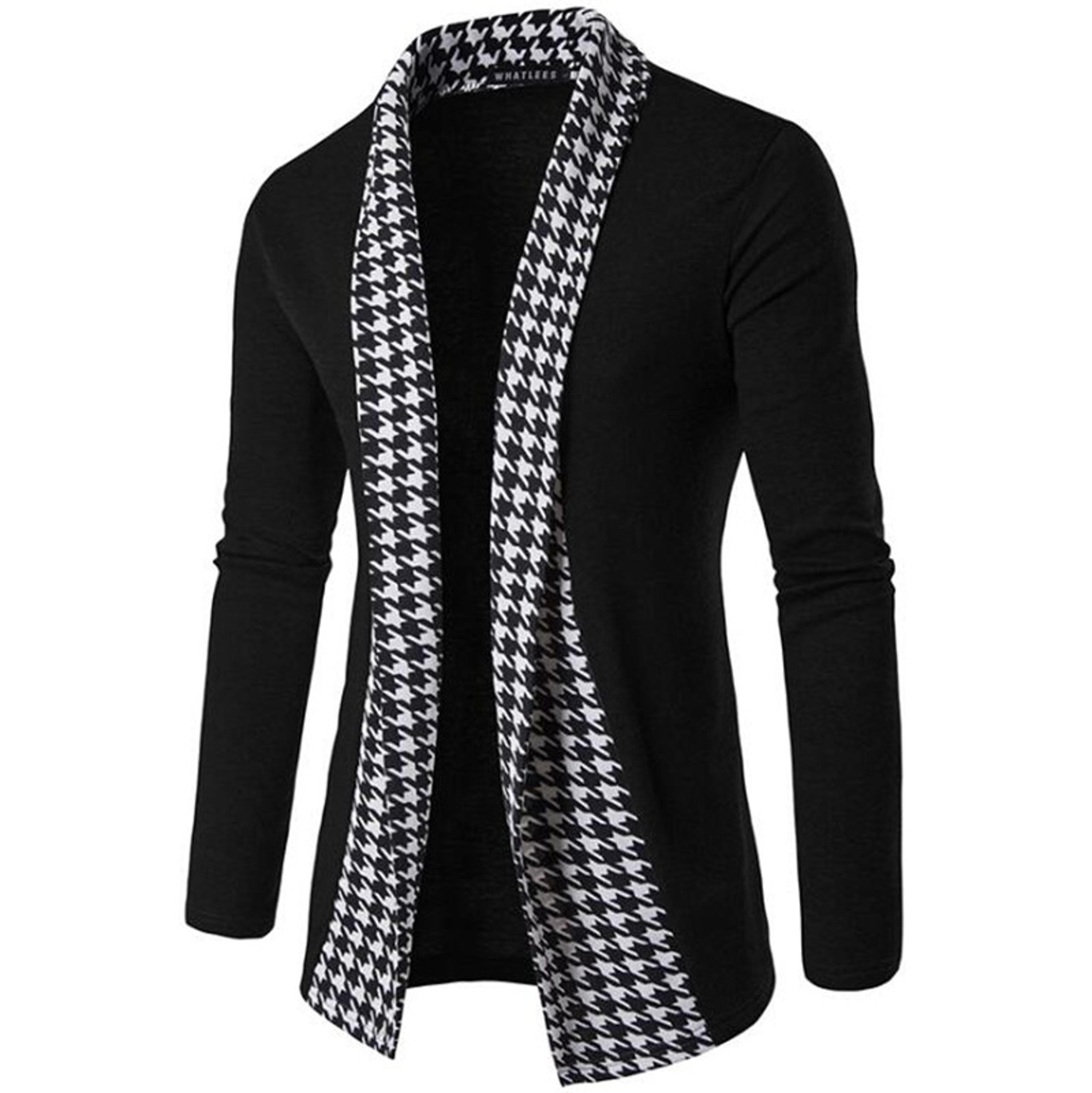 mens knit cardigan sweater with turn-down collar and patchwork design