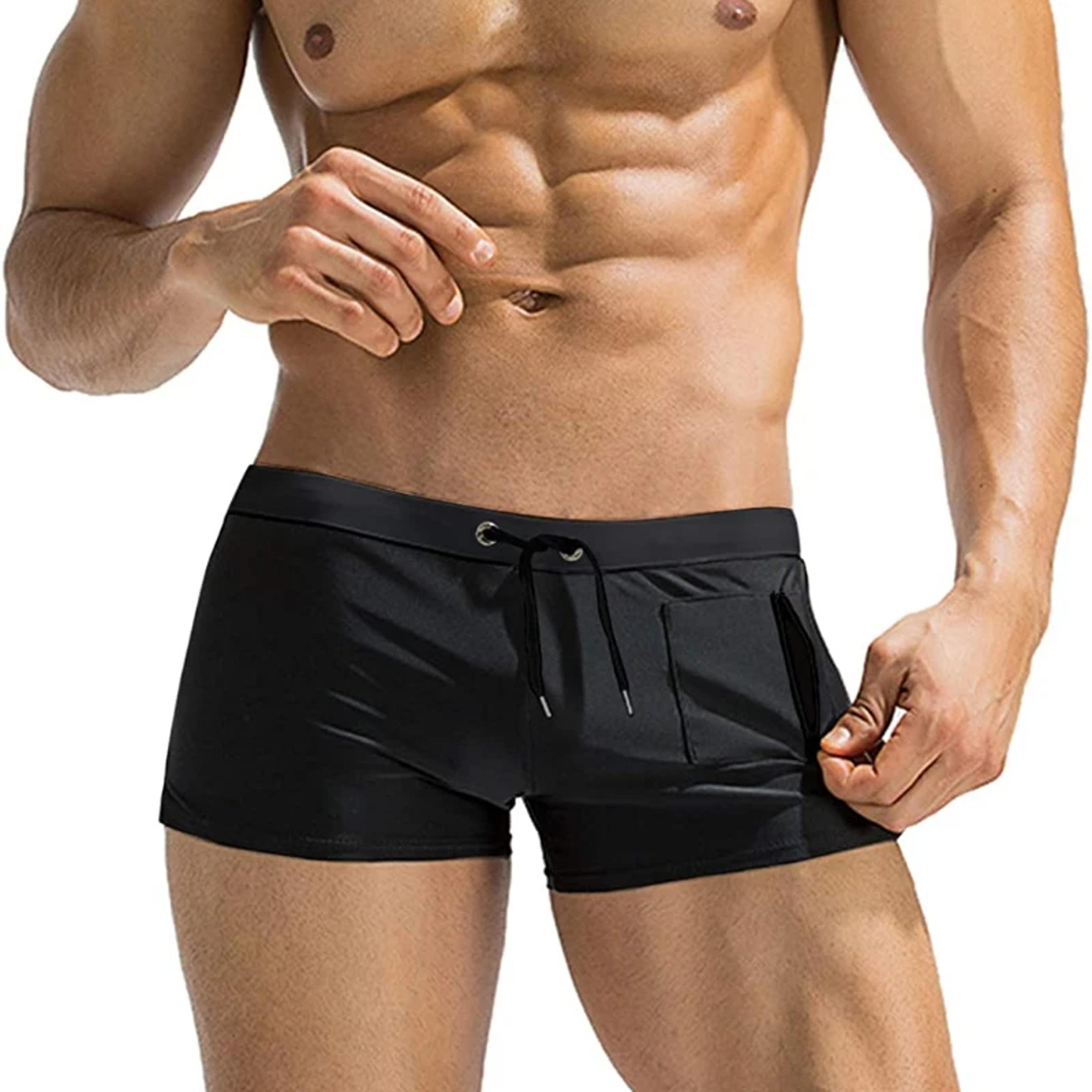 mens square leg swim trunks with zipper pocket and mesh liner
