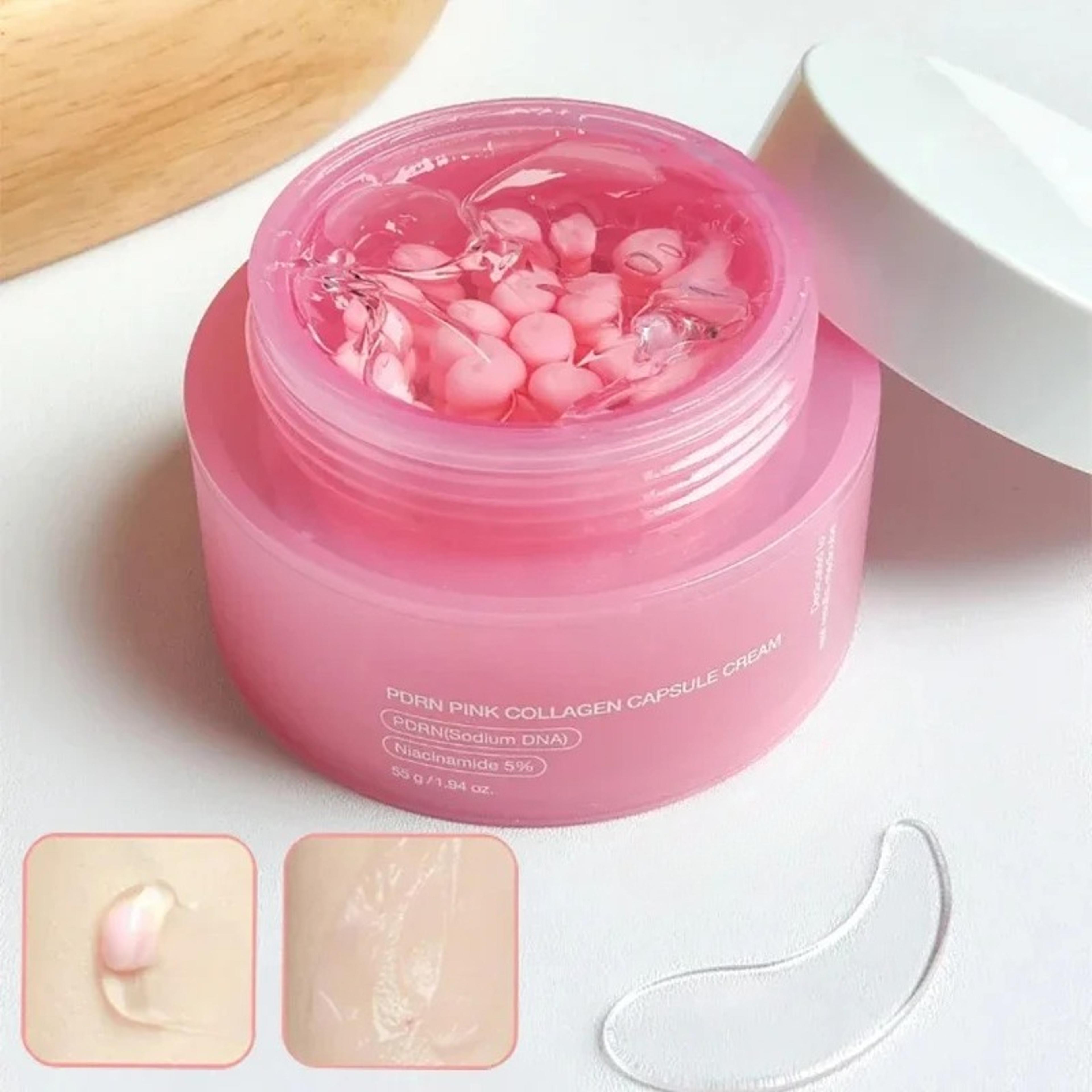 pink collagen capsule face cream with niacinamide for hydration and uneven skin tone