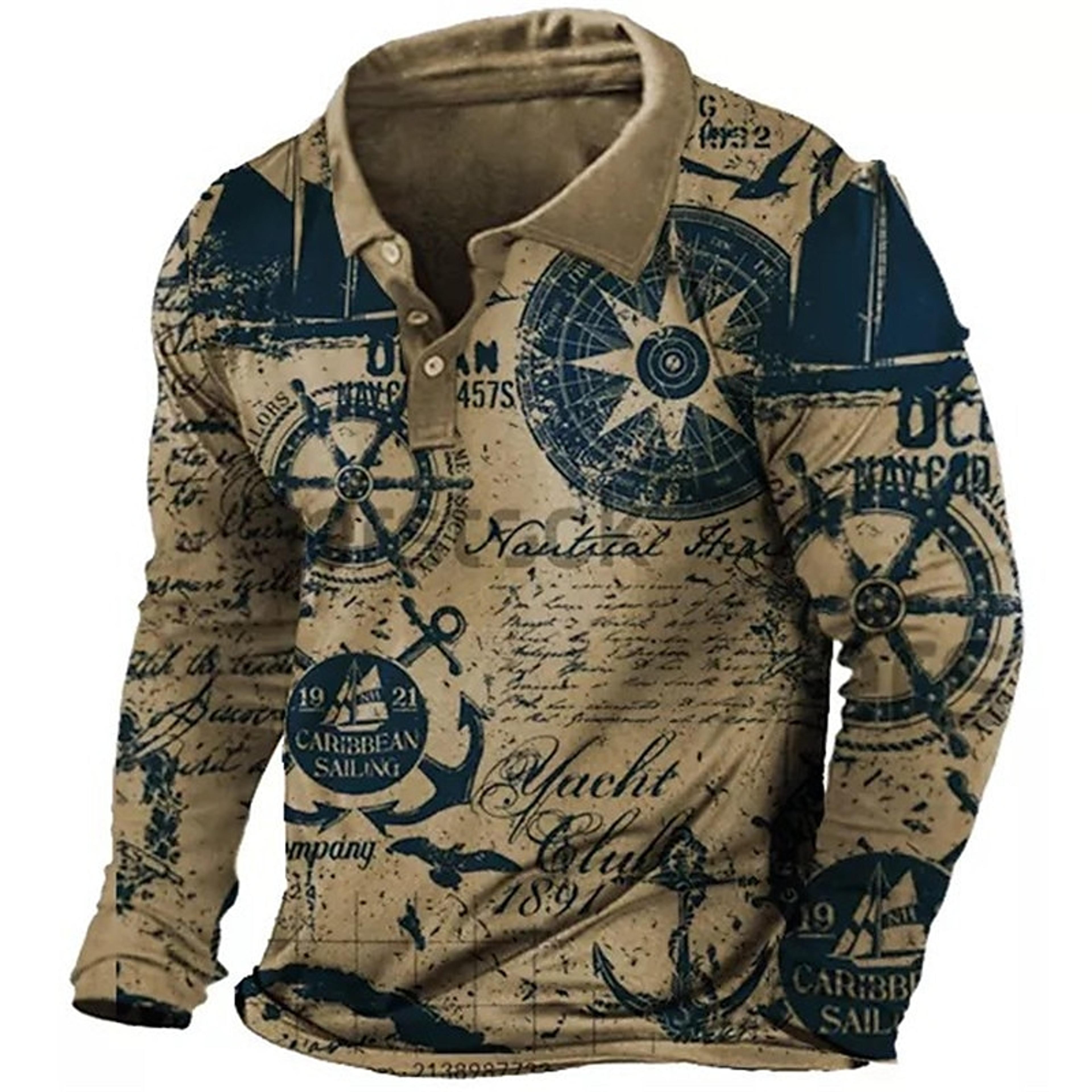 mens nautical compass long sleeve polo shirt with gradient print