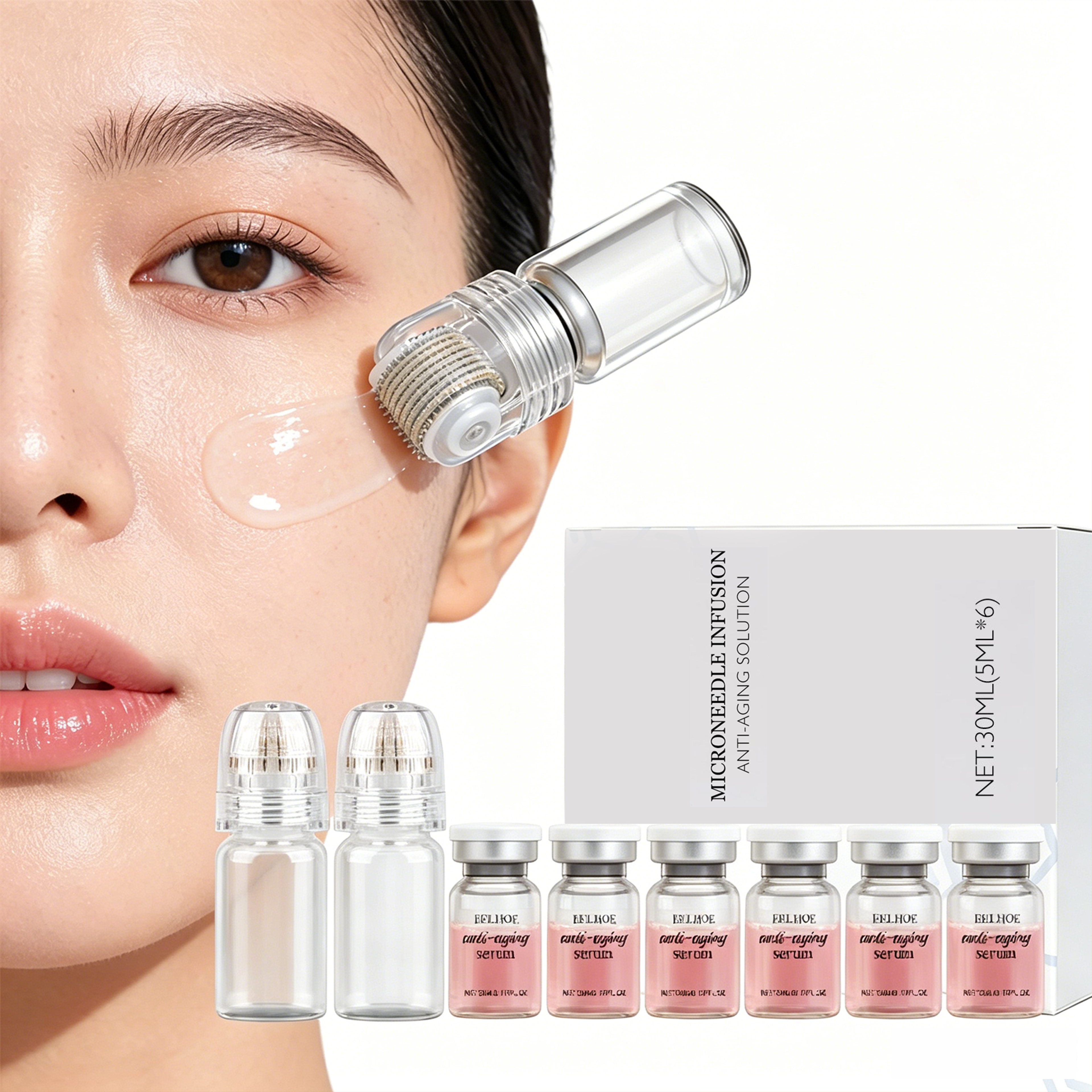 microneedle skin care set with two tools and six moisturizing face serums
