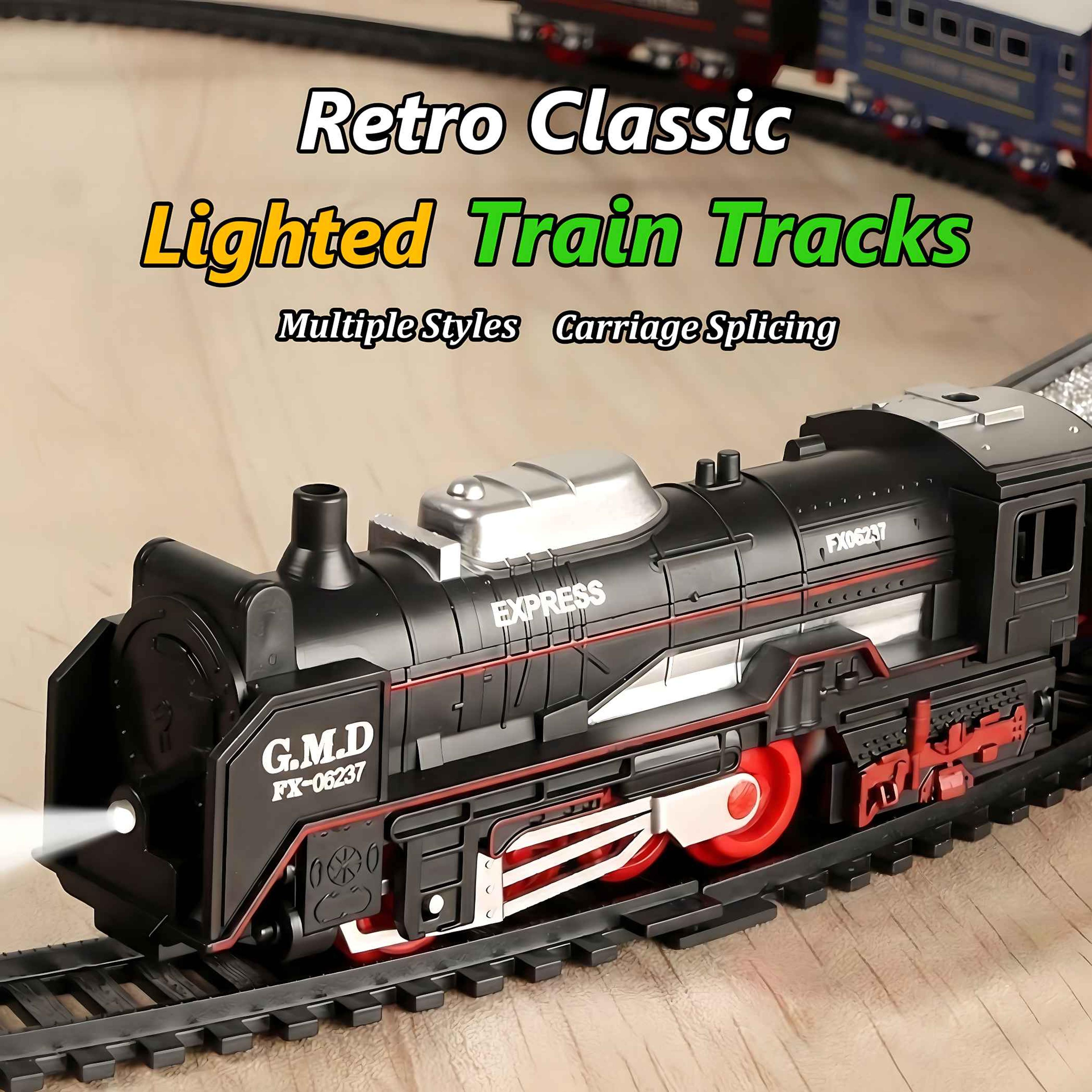 electric freight train set with light-up tracks and stem railway building toy